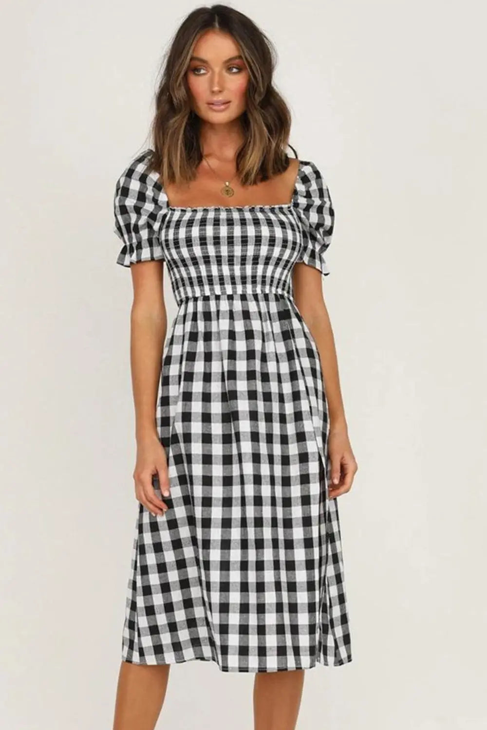 Full Size Slit Plaid Short Sleeve Midi Dress - Be Bliss Boutique