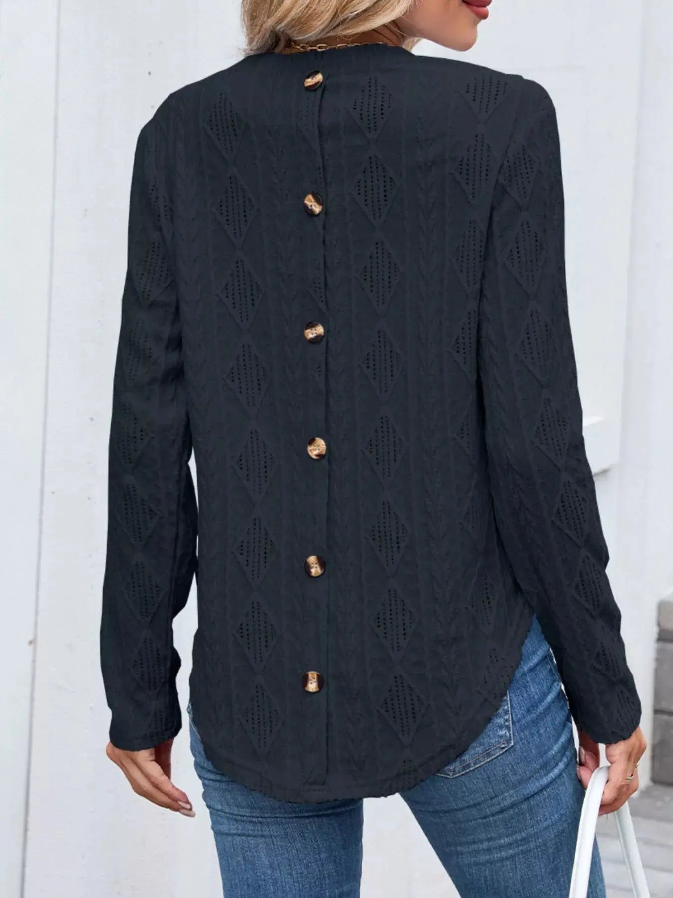 Openwork Textured Long Sleeve Top - Be Bliss Boutique