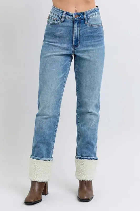 Plus Size High Waist Shearling Cuff Straight Leg Judy Blue Jeans - Be Bliss Boutique