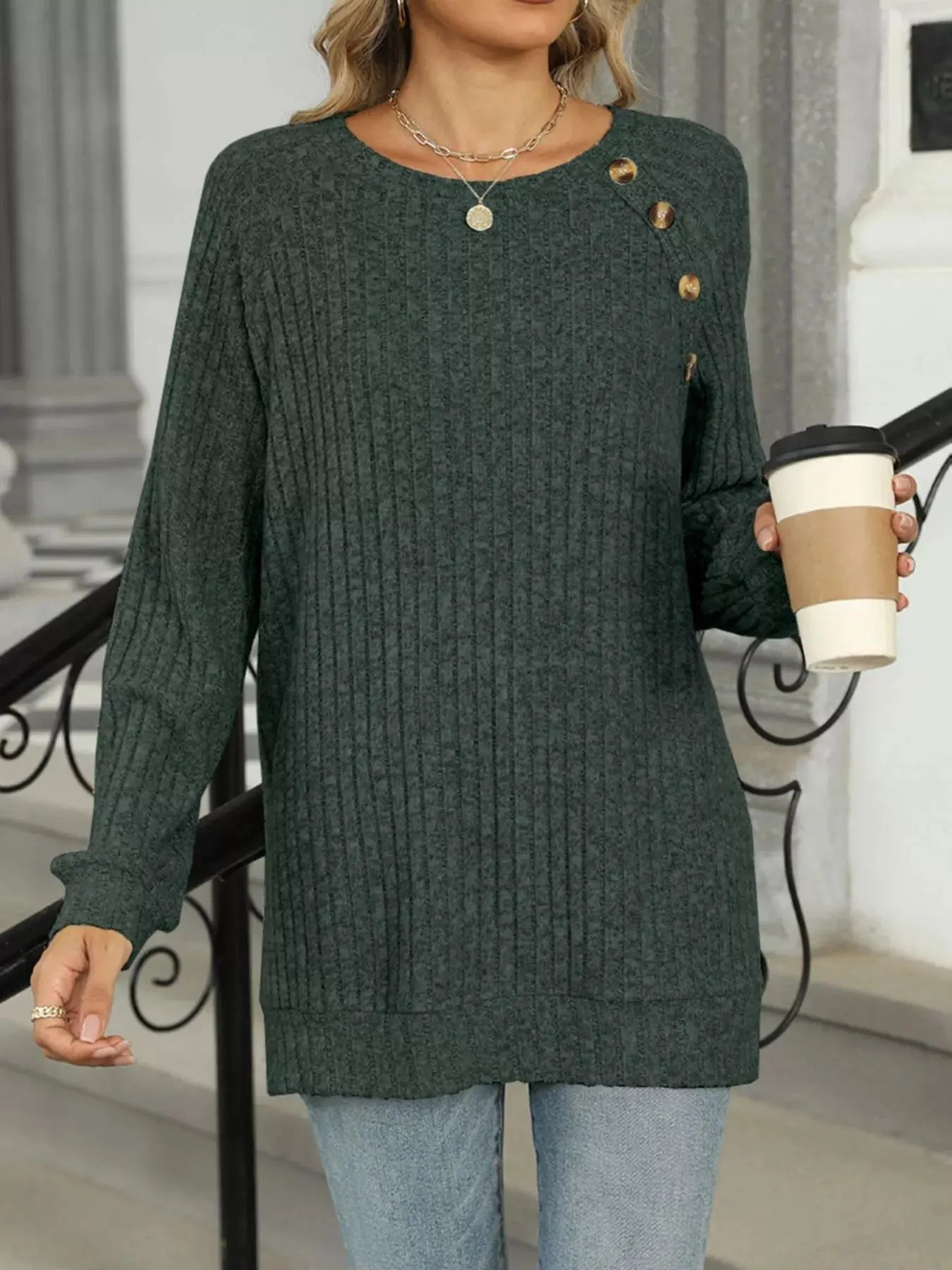 Cozy Chic Ribbed Button Detail Long Sleeve Tunic - Be Bliss Boutique