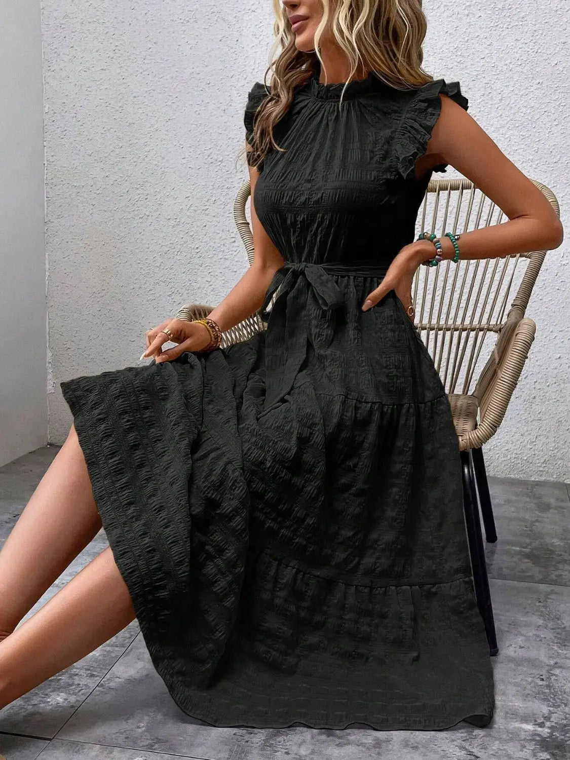 Tied Ruffled Cap Sleeve Midi Dress - Be Bliss Boutique