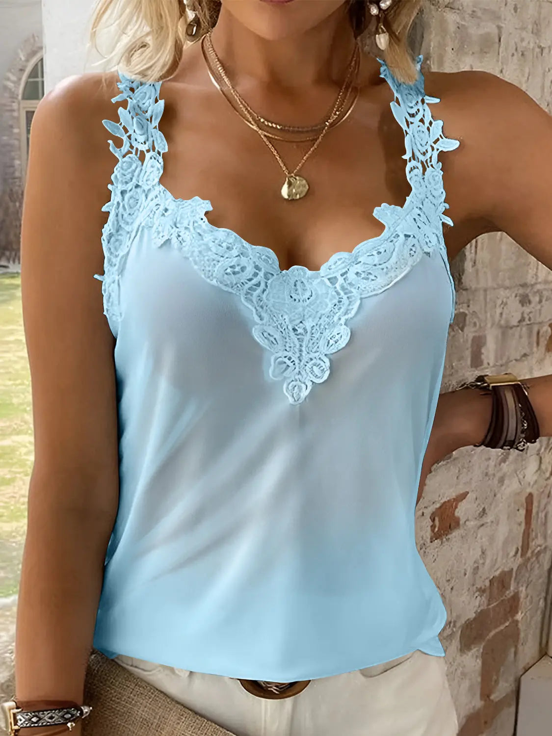 Full Size Lace Detail V-Neck Tank - Be Bliss Boutique