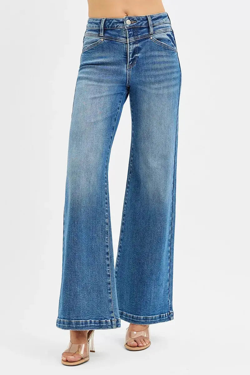 RISEN Jeans - High Rise Wide Leg Jeans with Front Yoke and Heart Back Pocket - Be Bliss Boutique
