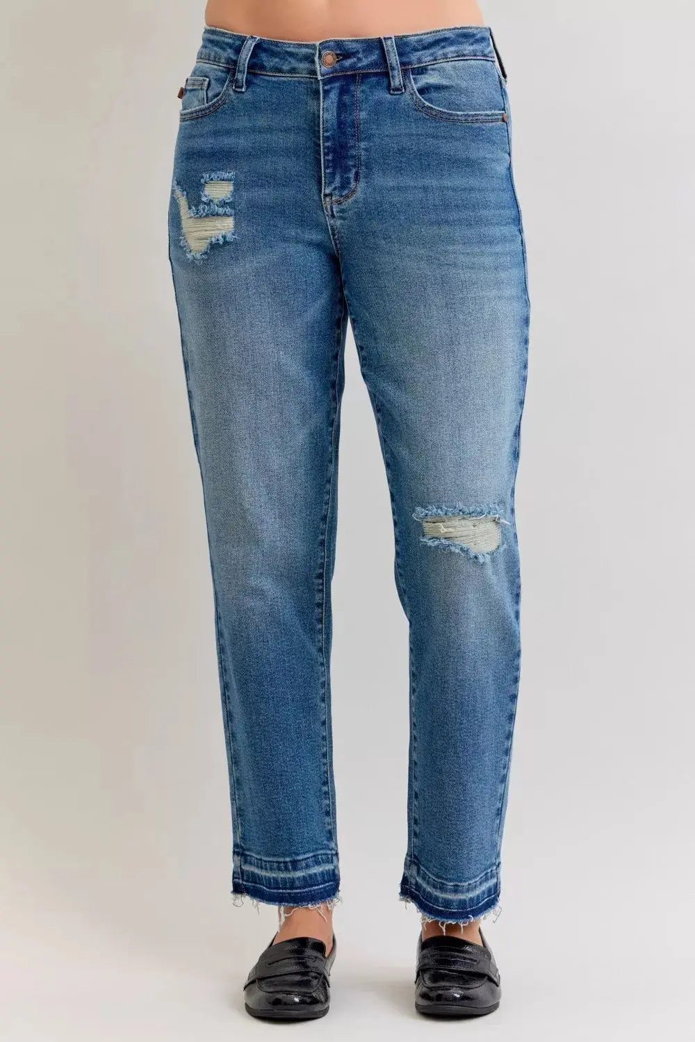 Judy Blue Jeans - Plus Size Mid Rise Boyfriend Destroy Jeans with Release Hem - Be Bliss Boutique