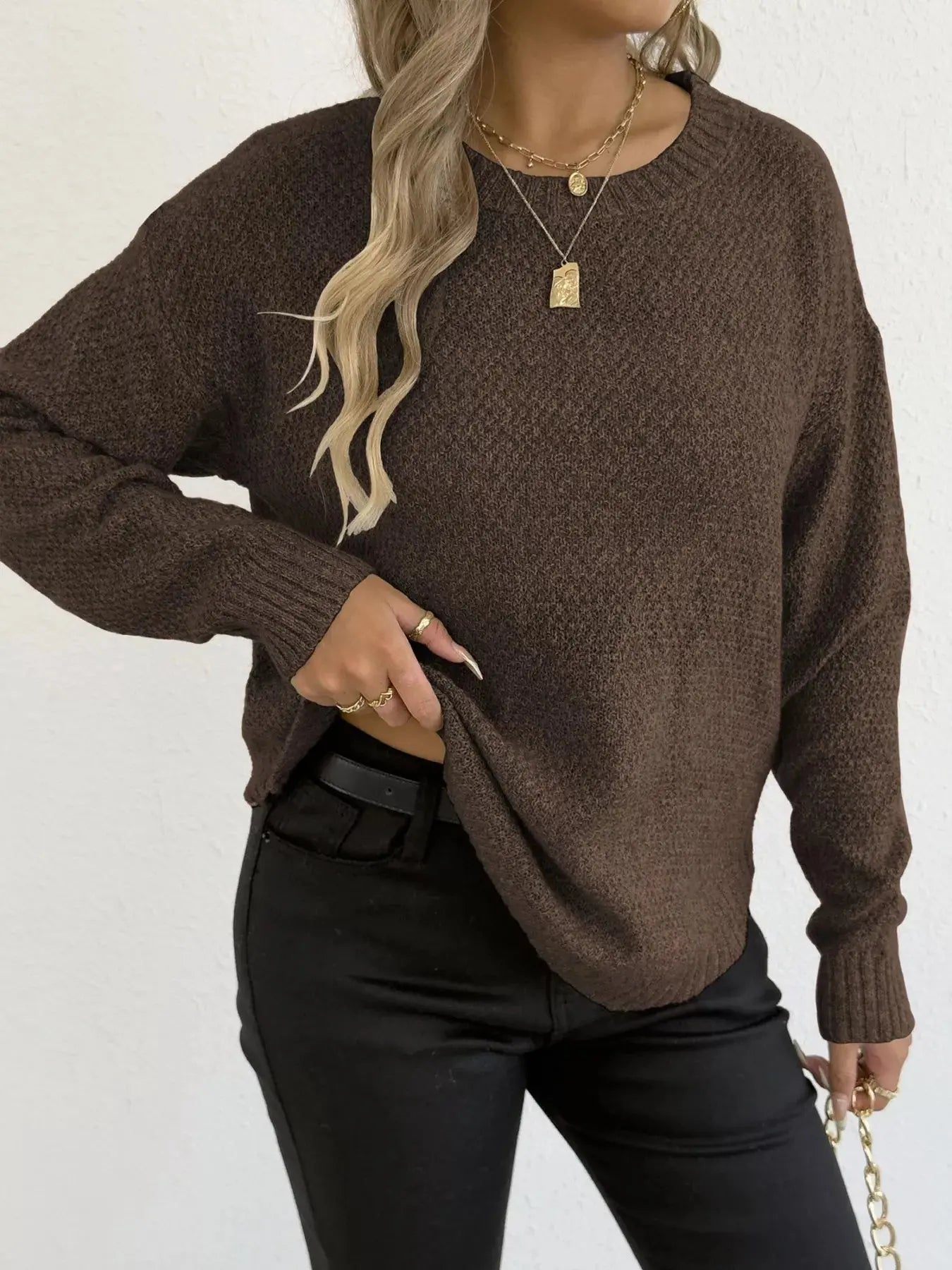 Round Neck Textured Knit Relaxed Fit Sweater - Be Bliss Boutique