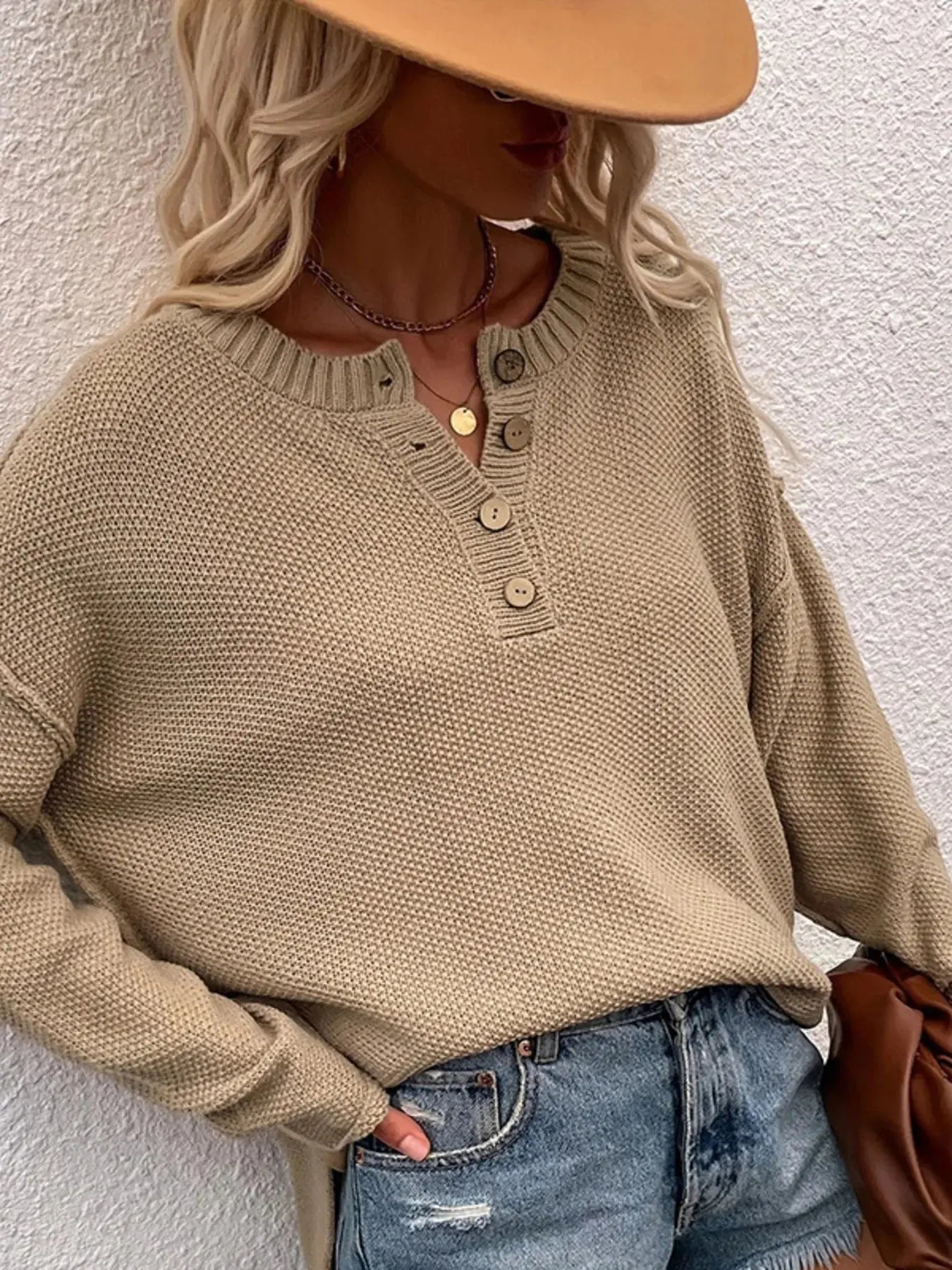 Waffle-Knit Button Detail Long Sleeve Knit Top - Be Bliss Boutique