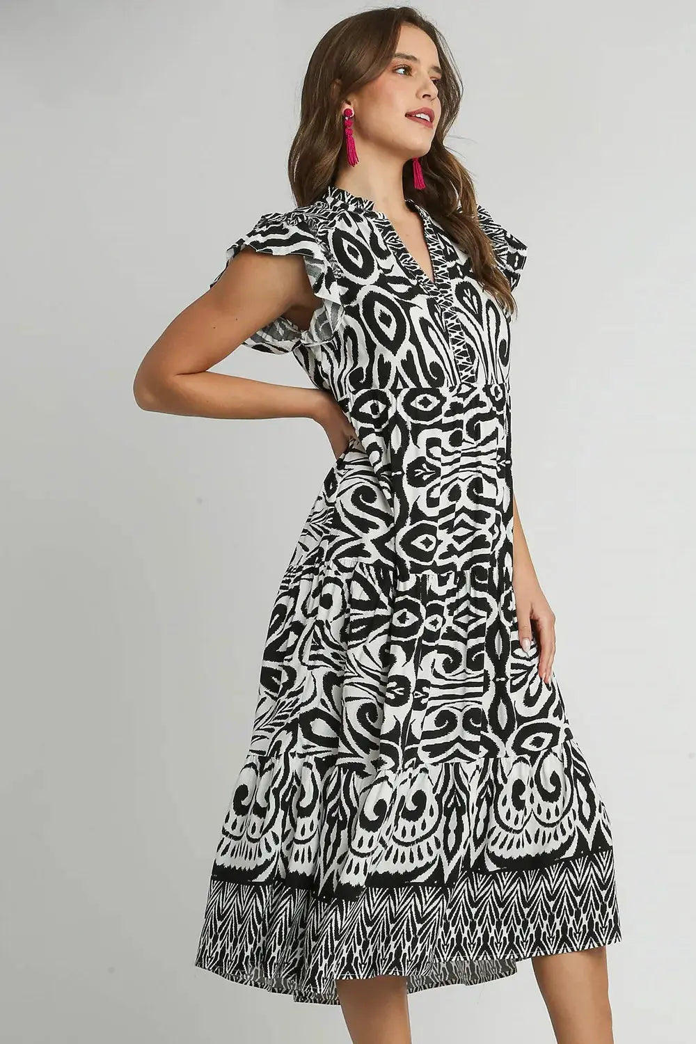 Umgee Two Tone Border Print Ruffle Cap Sleeve Midi Dress – Plus Size - Be Bliss Boutique
