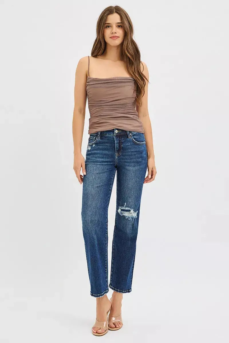 High Rise Crop Slim Straight RISEN Jeans with Hidden Knee Patch - Be Bliss Boutique