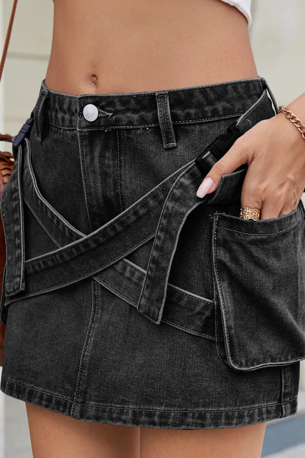 Criss-Cross Waist Pocketed Denim Mini Skirt - Be Bliss Boutique