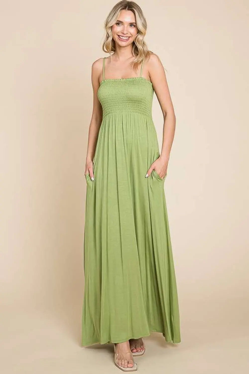 Culture Code Full Size Olive Smocked Cami Maxi Dress with Pockets - Be Bliss Boutique