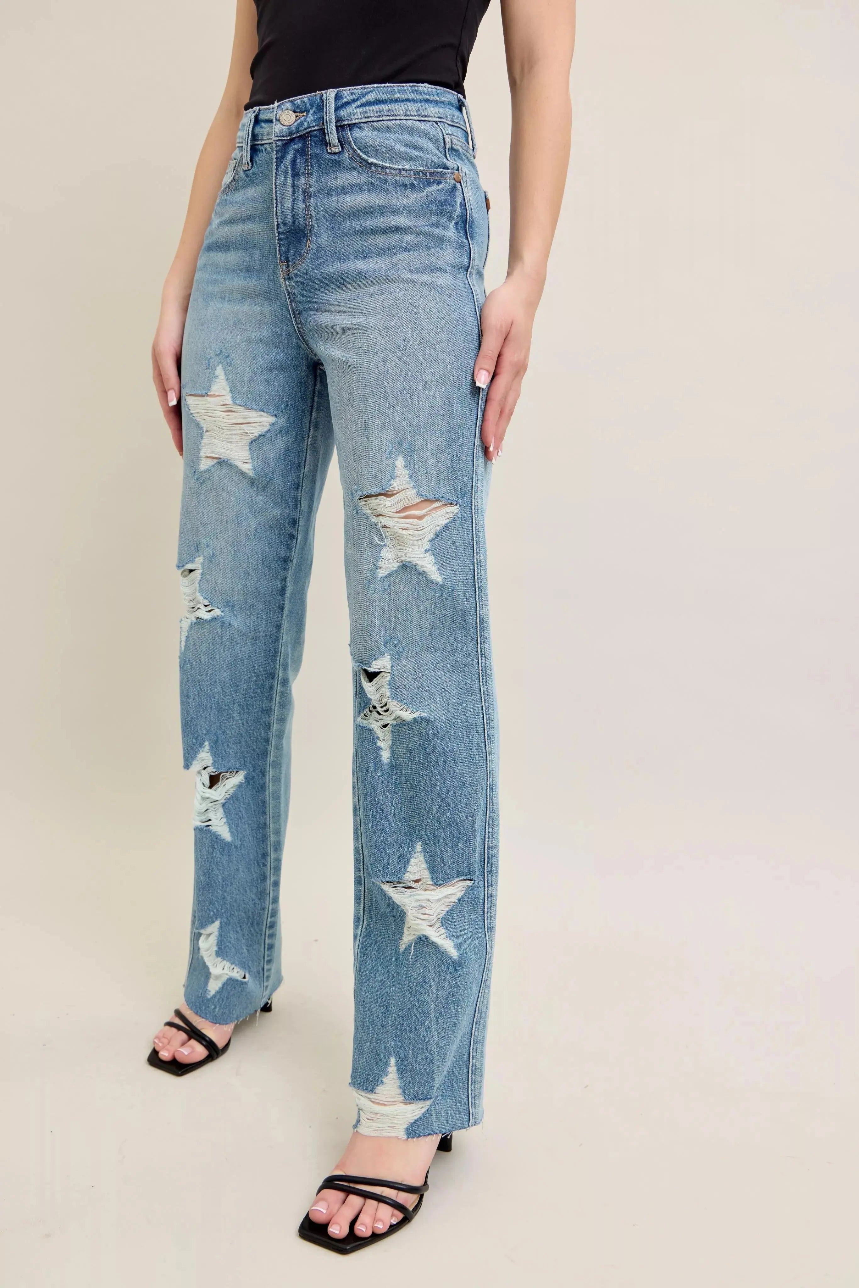 Judy Blue Full Size High Waist Rigid 90's Straight Jeans with Magic Star Shaped Destroy - Be Bliss Boutique