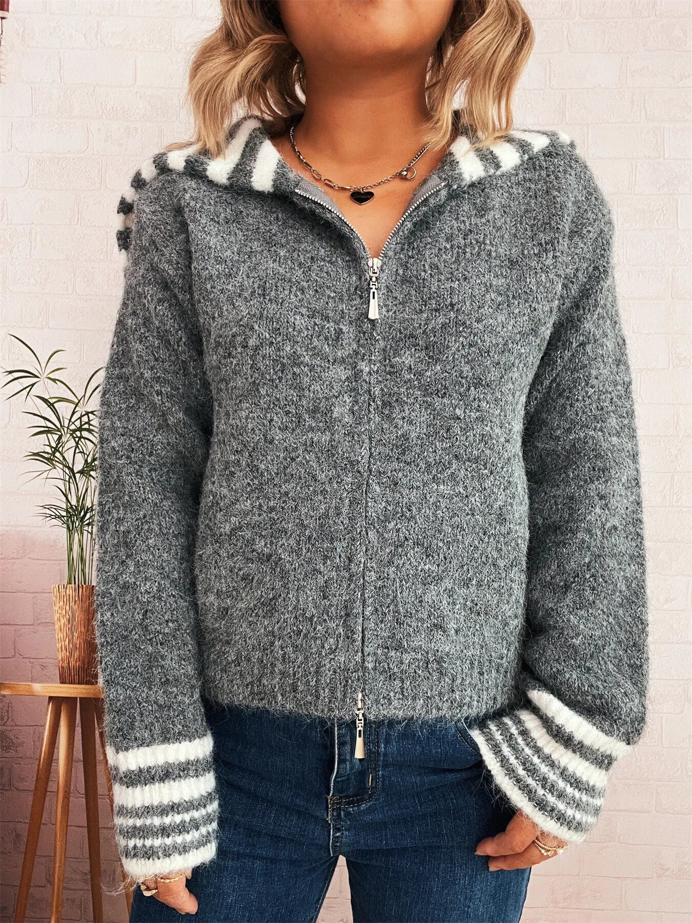 Striped Zip-Up Cardigan -  Be Bliss Boutique