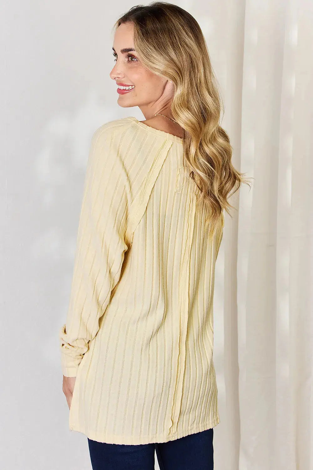 Basic Bae Ribbed Round Neck Slit Womens Long Sleeve T Shirt – Full & Plus Size - Be Bliss Boutique