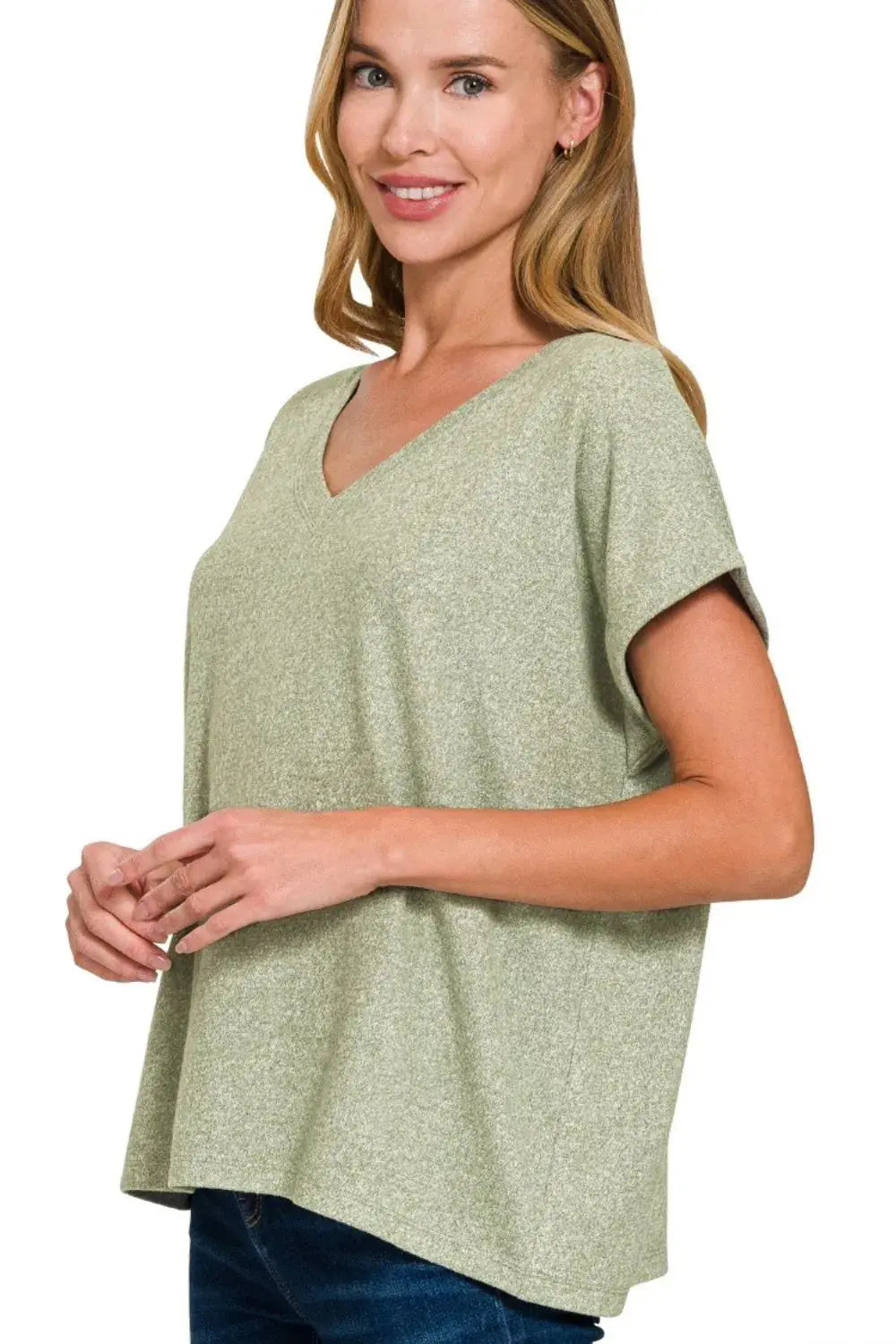 Zenana Soft Melange Hacci V-Neck Relaxed Fit Tee - Be Bliss Boutique