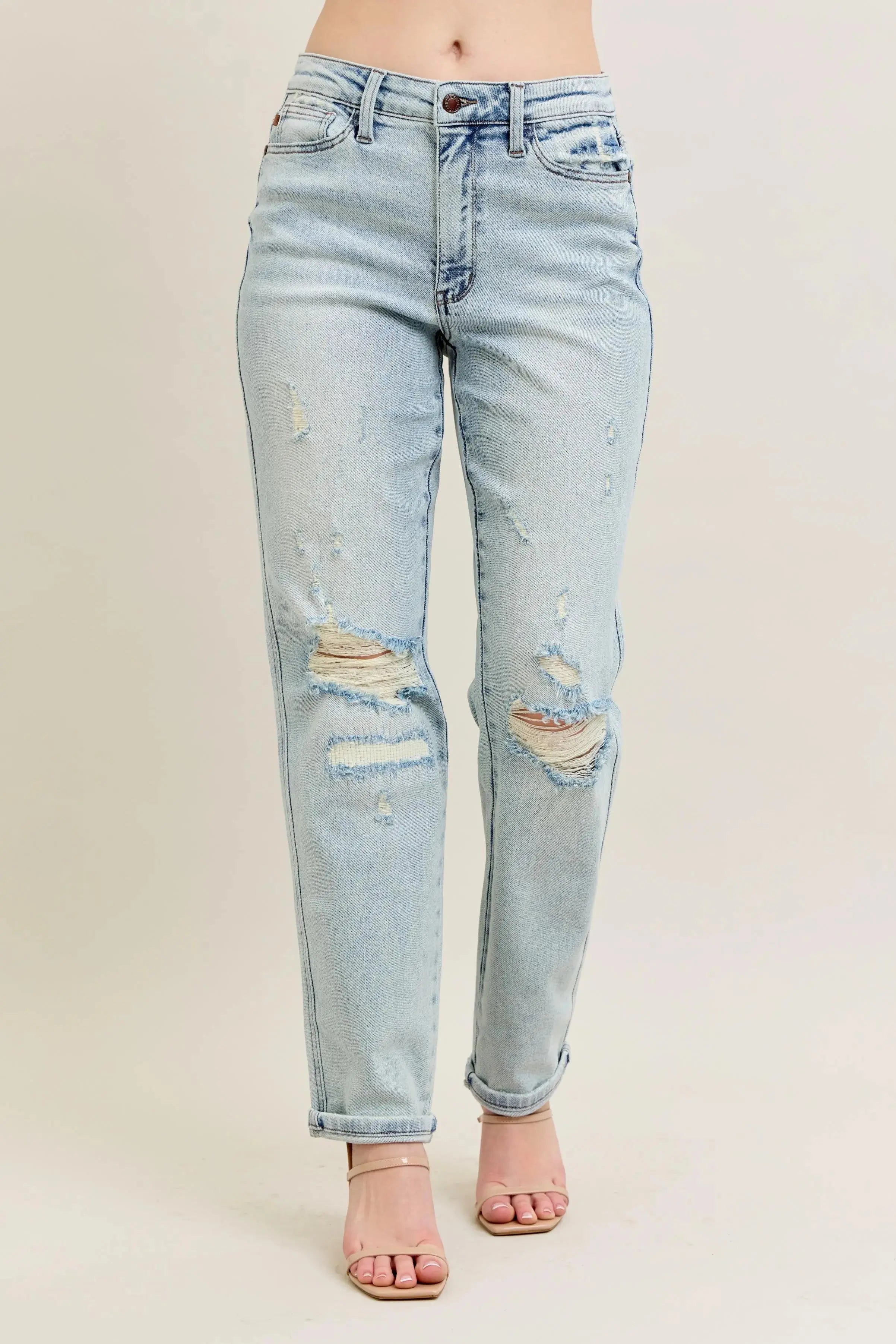 Judy Blue Jeans - Plus Size Mr Repair Stitch Detail Destroy Single Cuff Boyfriend Fit - Be Bliss Boutique