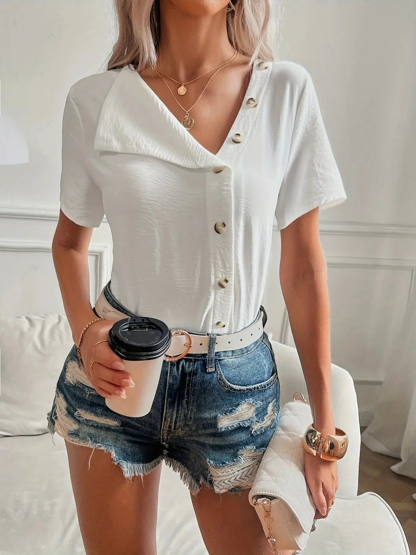 Button Front Short Sleeve White Asymmetrical Top - Be Bliss Boutique