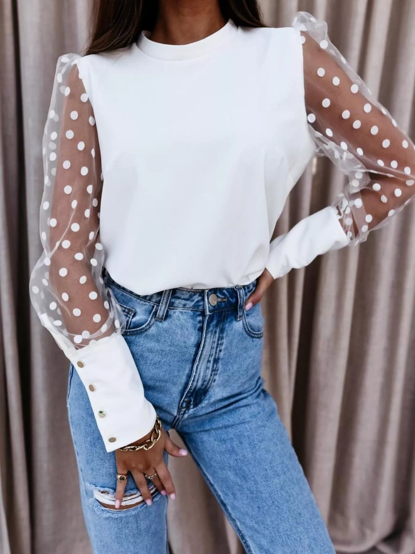 Polka Dot Mesh Sleeve Blouse - Be Bliss Boutique