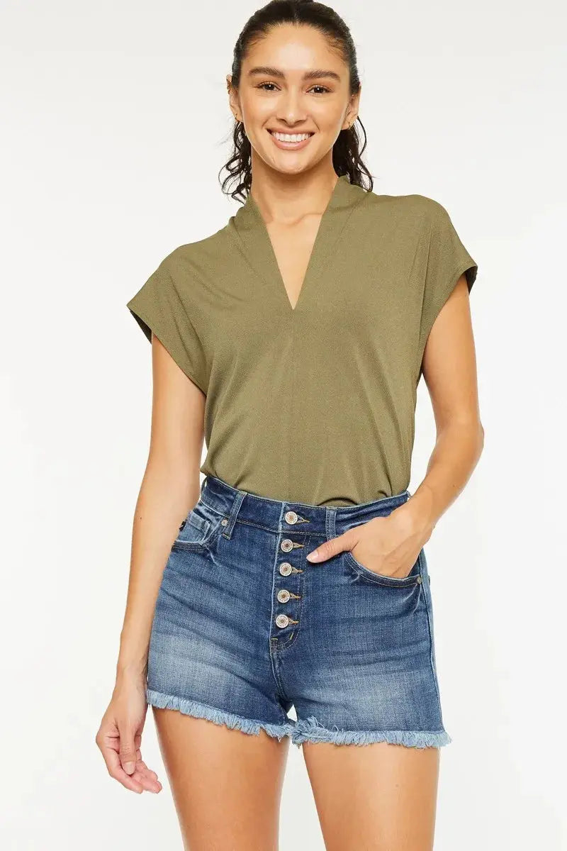 High Rise Frayed Hem Kancan Denim Shorts - Medium Wash - Be Bliss Boutique