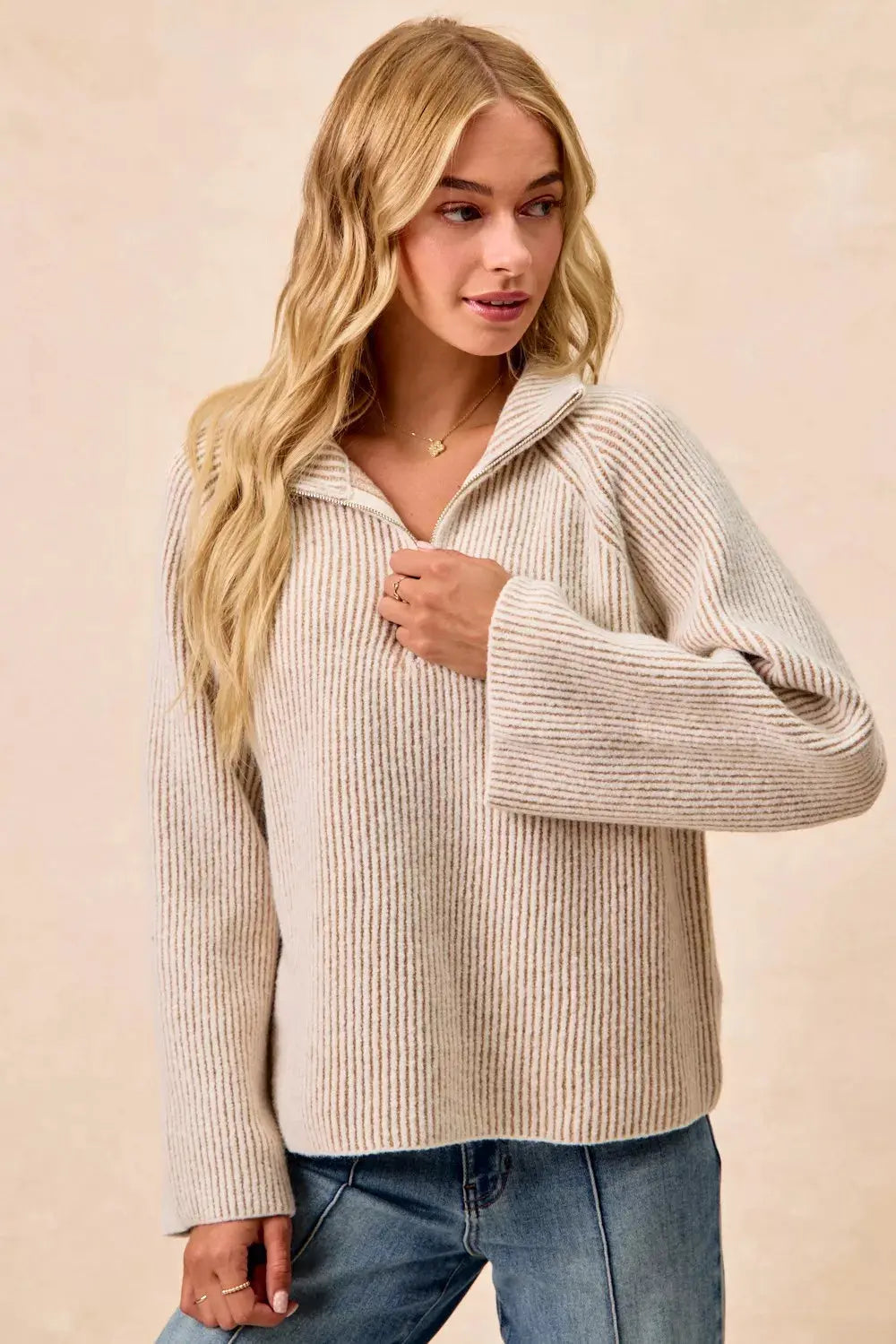 BiBi Two Tone Ribbed Textured Knit Sweater with Zip Up Collar - Be Bliss Boutique