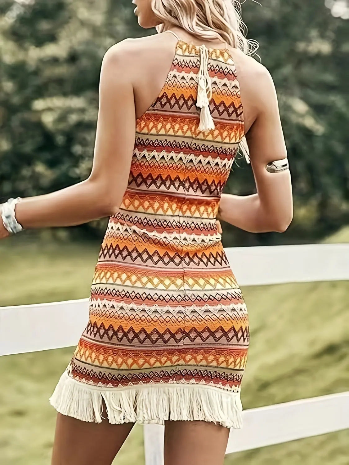 Full Size Boho Style Fringe Grecian Neck Dress - Be Bliss Boutique