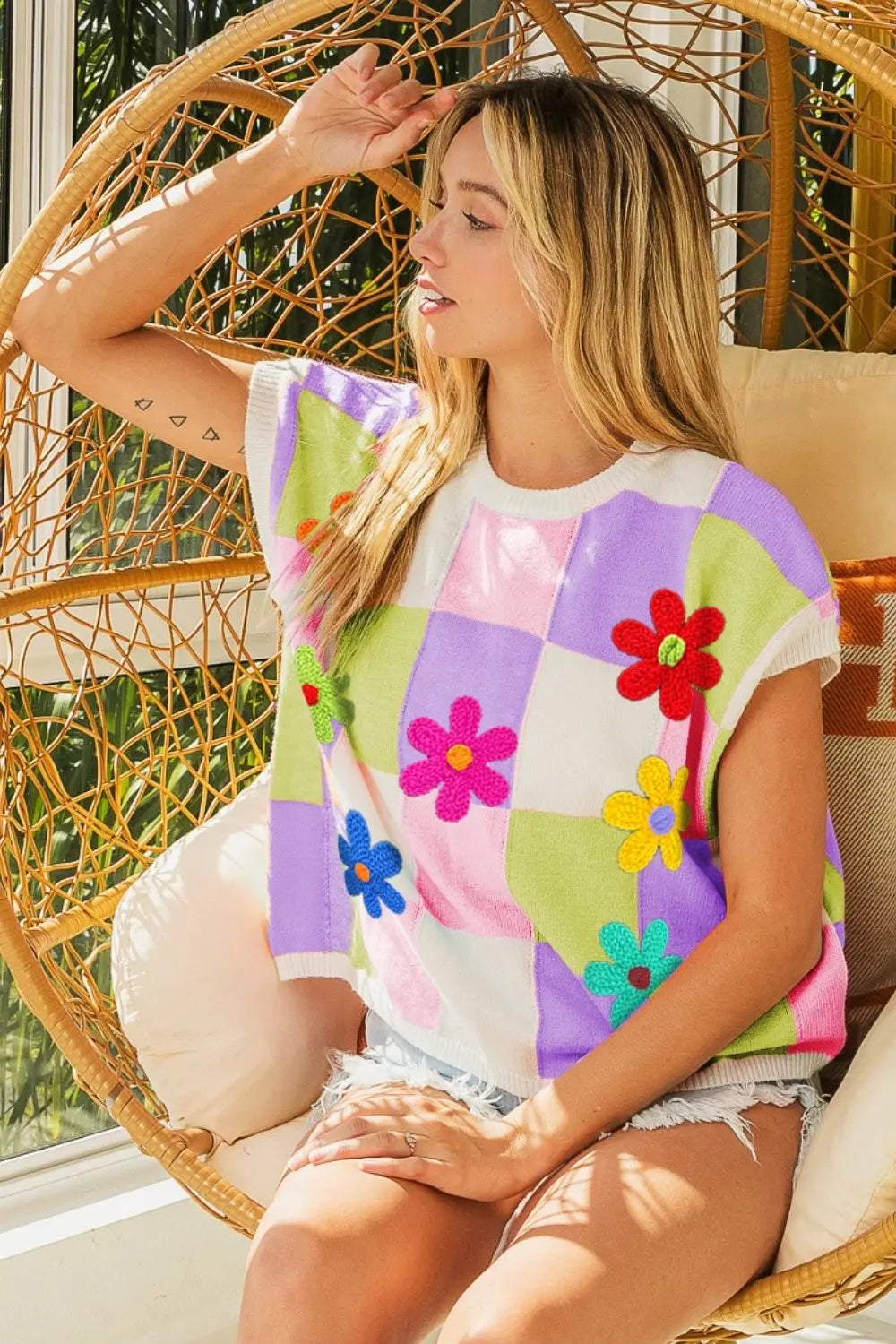 BiBi Flower Patch Checkered Sweater Vest - Be Bliss Boutique