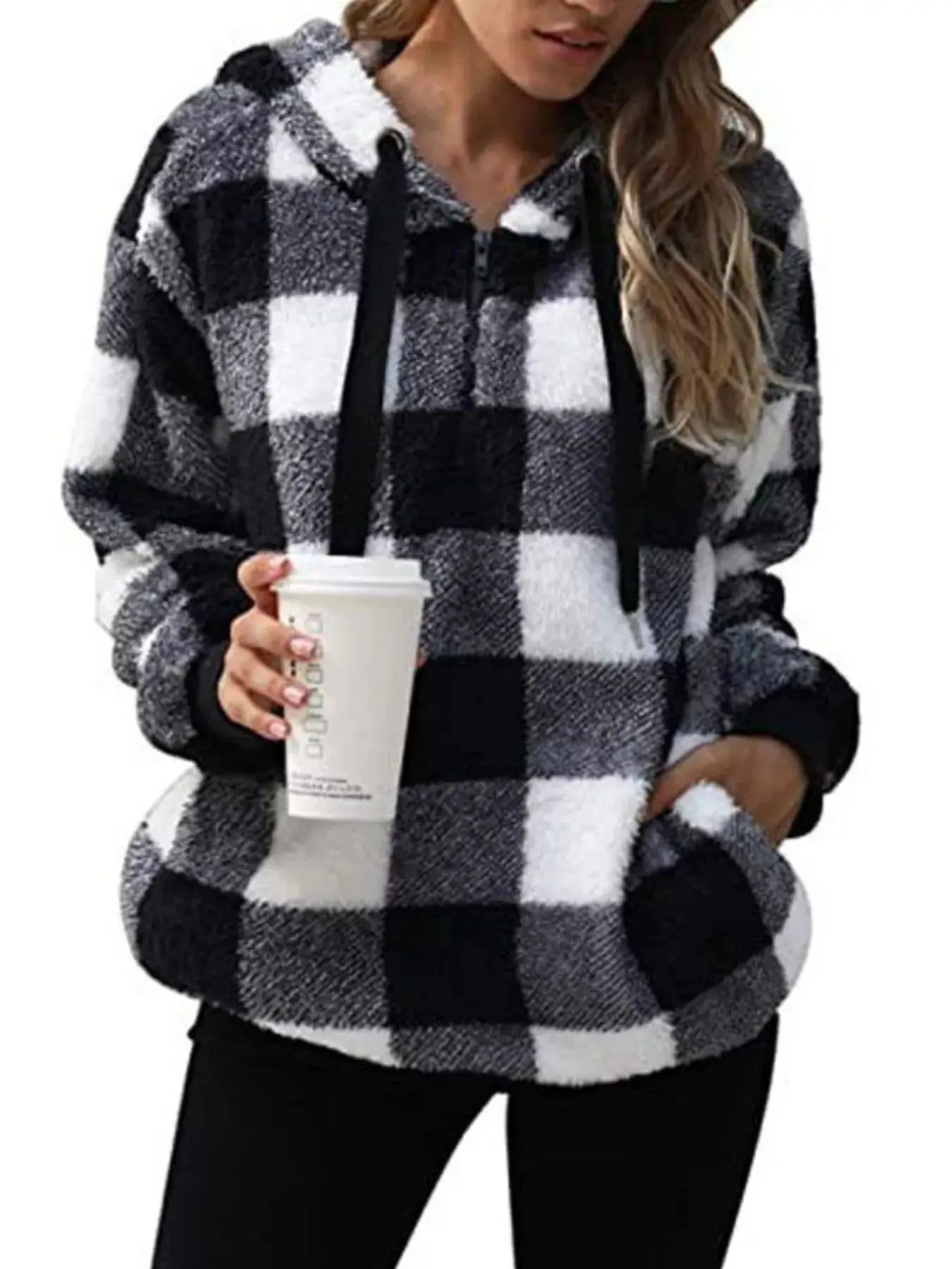 Plus Size Plaid Drawstring Sherpa Hoodie - Be Bliss Boutique