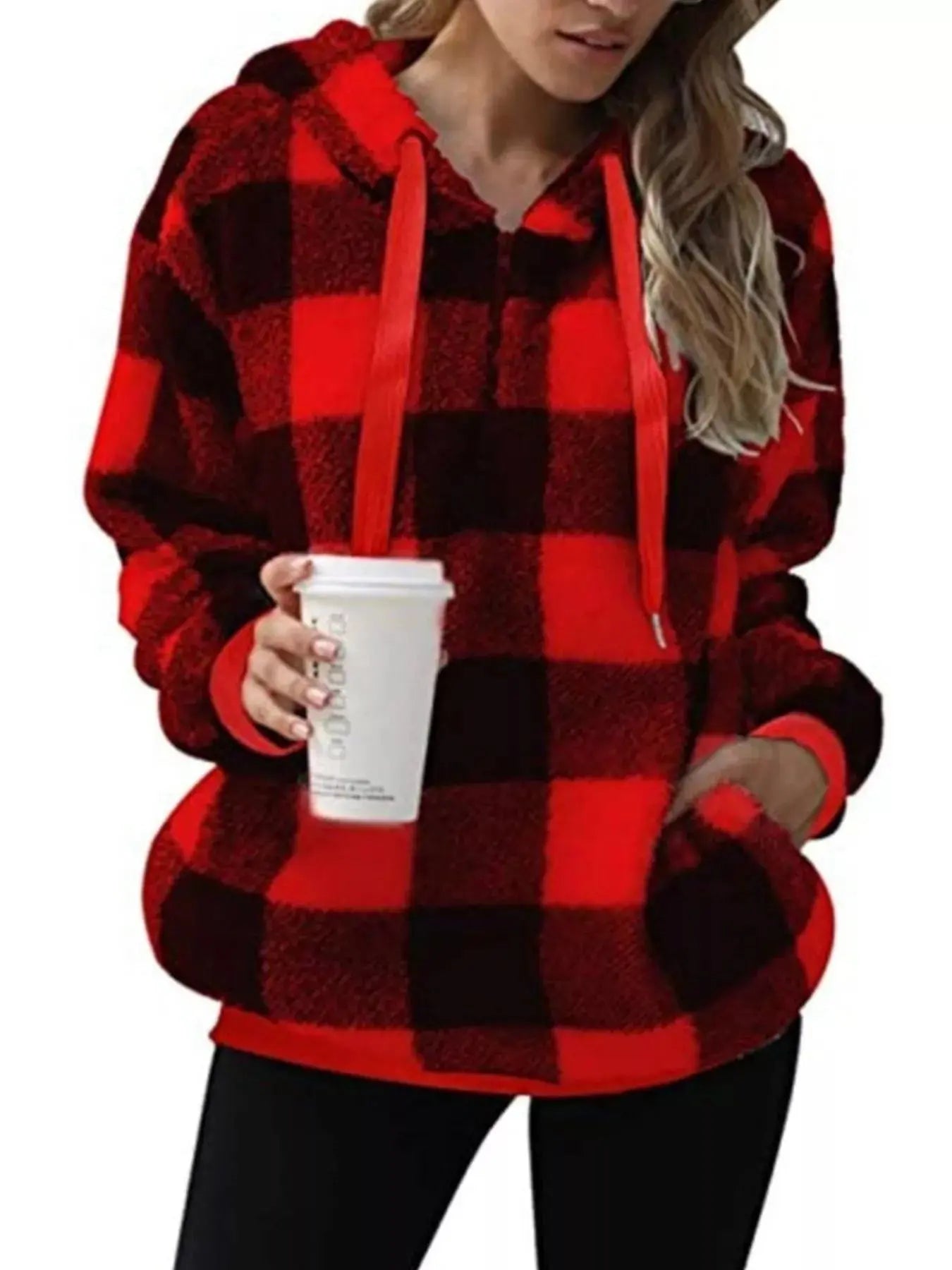 Plus Size Plaid Drawstring Sherpa Hoodie - Be Bliss Boutique