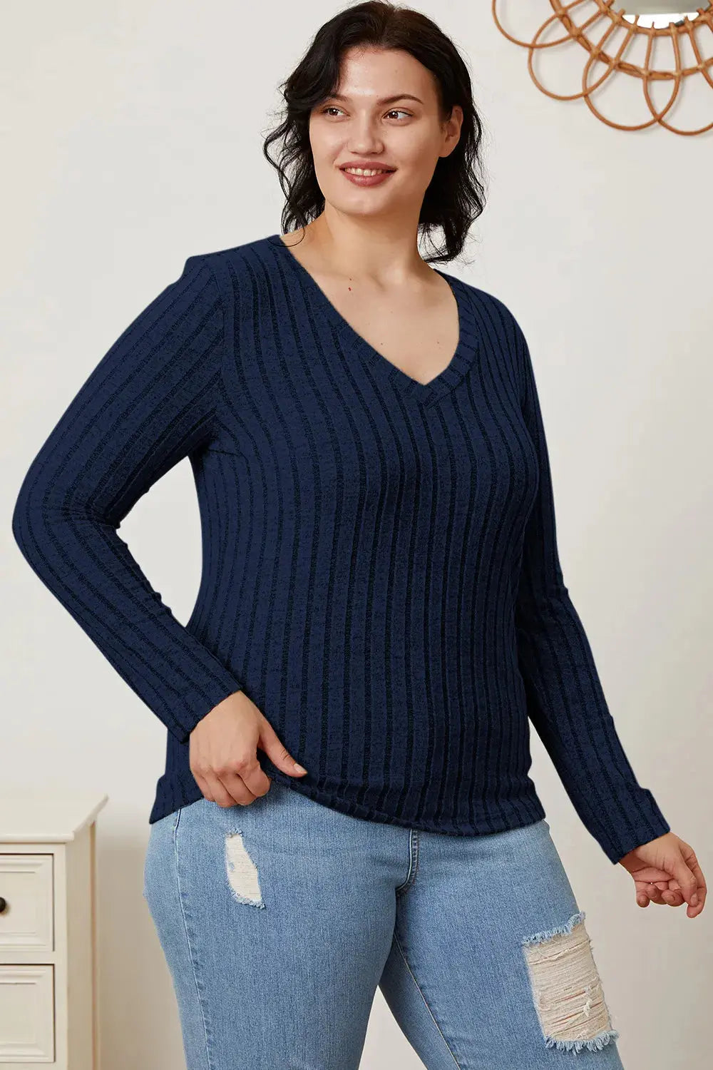 Basic Bae Full Size Ribbed V-Neck Long Sleeve T Shirt for Women - Be Bliss Boutique