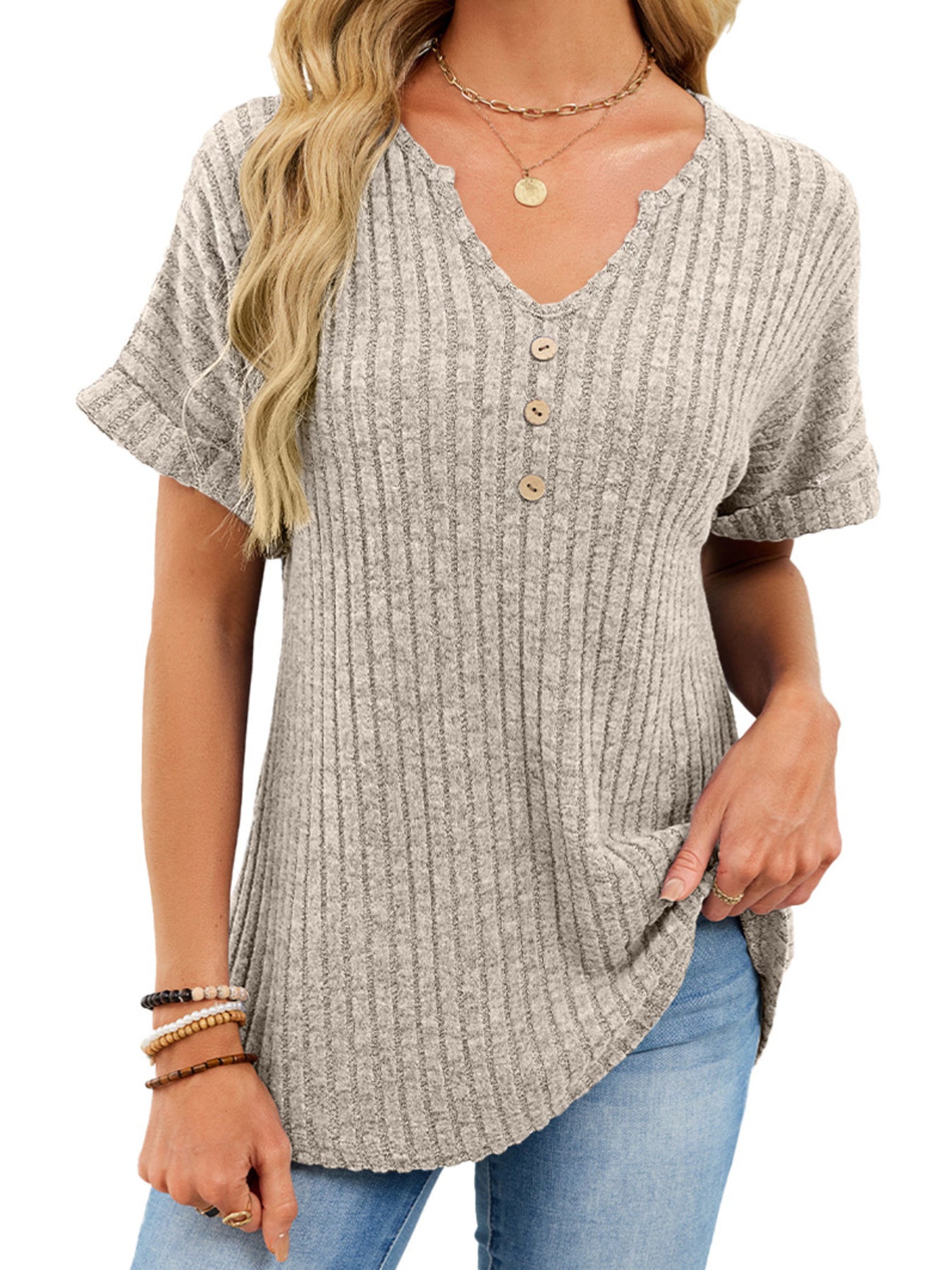 Women's Ribbed Knit Button V Neck Short Sleeve T Shirt - Be Bliss Boutique