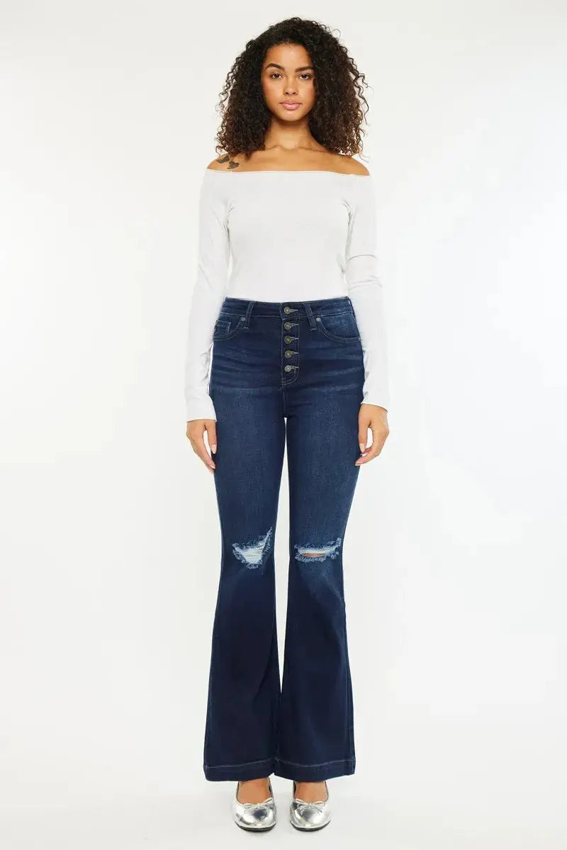 Button Fly High Rise Distressed Kancan Flare Jeans - Be Bliss Boutique