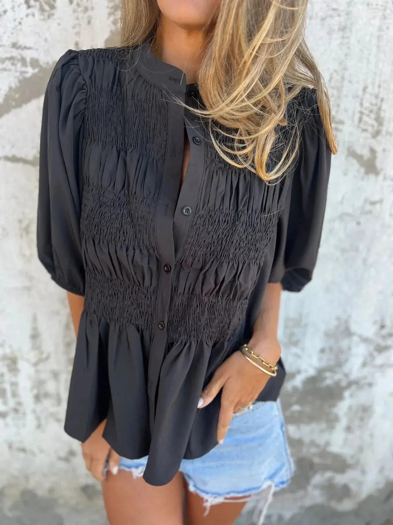 Full Size Red Smocked Button Puff Sleeve Blouse – Plus Size - Be Bliss Boutique