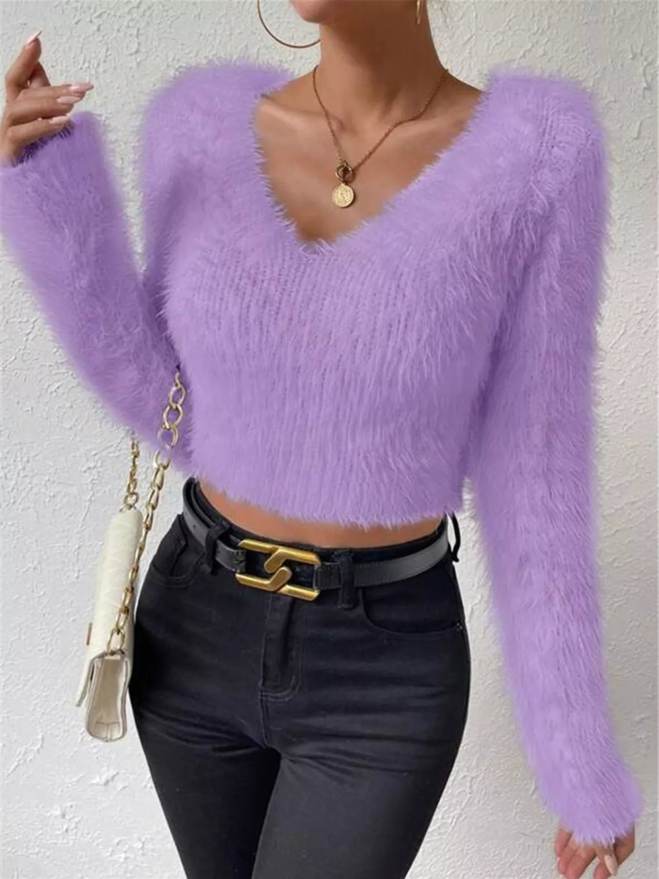 Fluffy Knit V Neck Sweater - Be Bliss Boutique