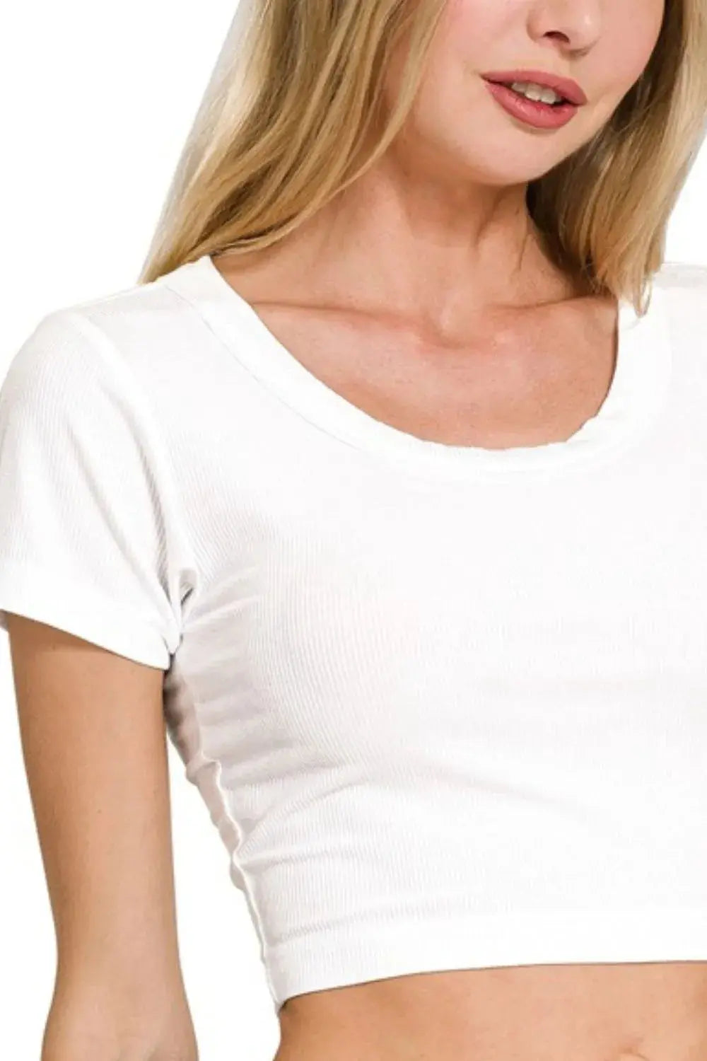 Zenana Ribbed Scoop Neck Crop Women's Short Sleeve Top - Be Bliss Boutique