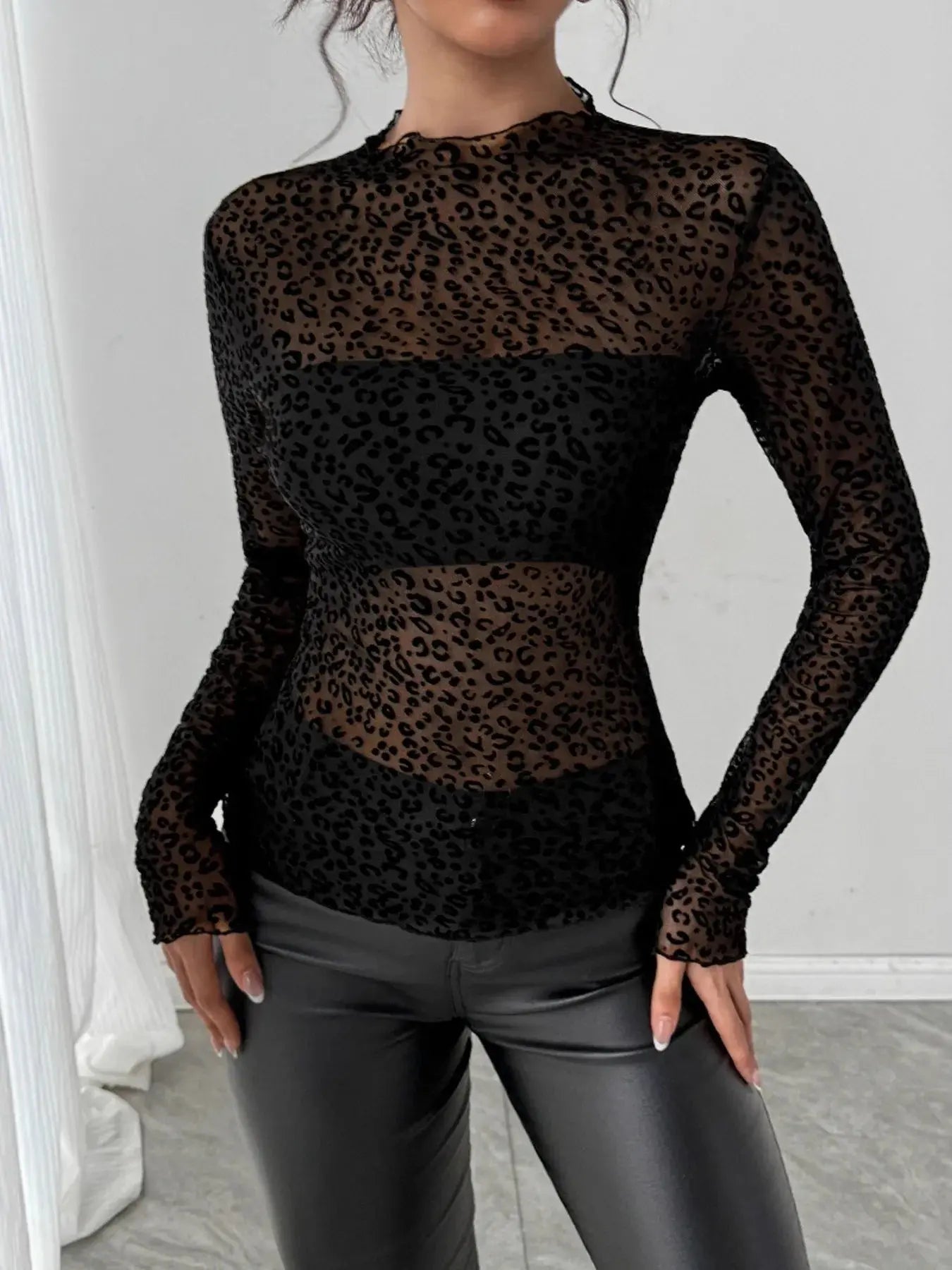 Leopard Print Mesh Long Sleeve T Shirt - Be Bliss Boutique