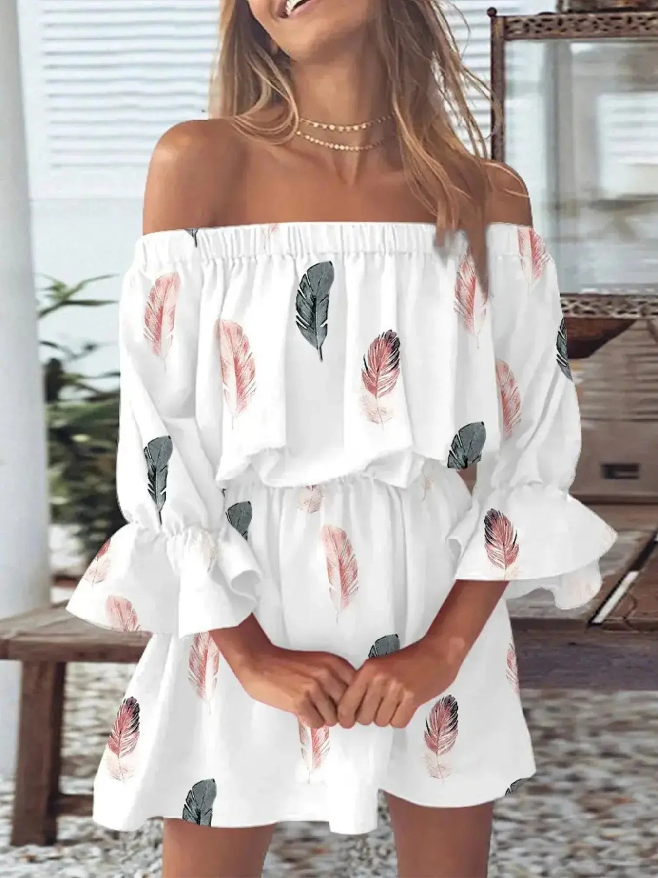 Full Size Floral Off Shoulder Mini Dress with Flounce Sleeves - Be Bliss Boutique
