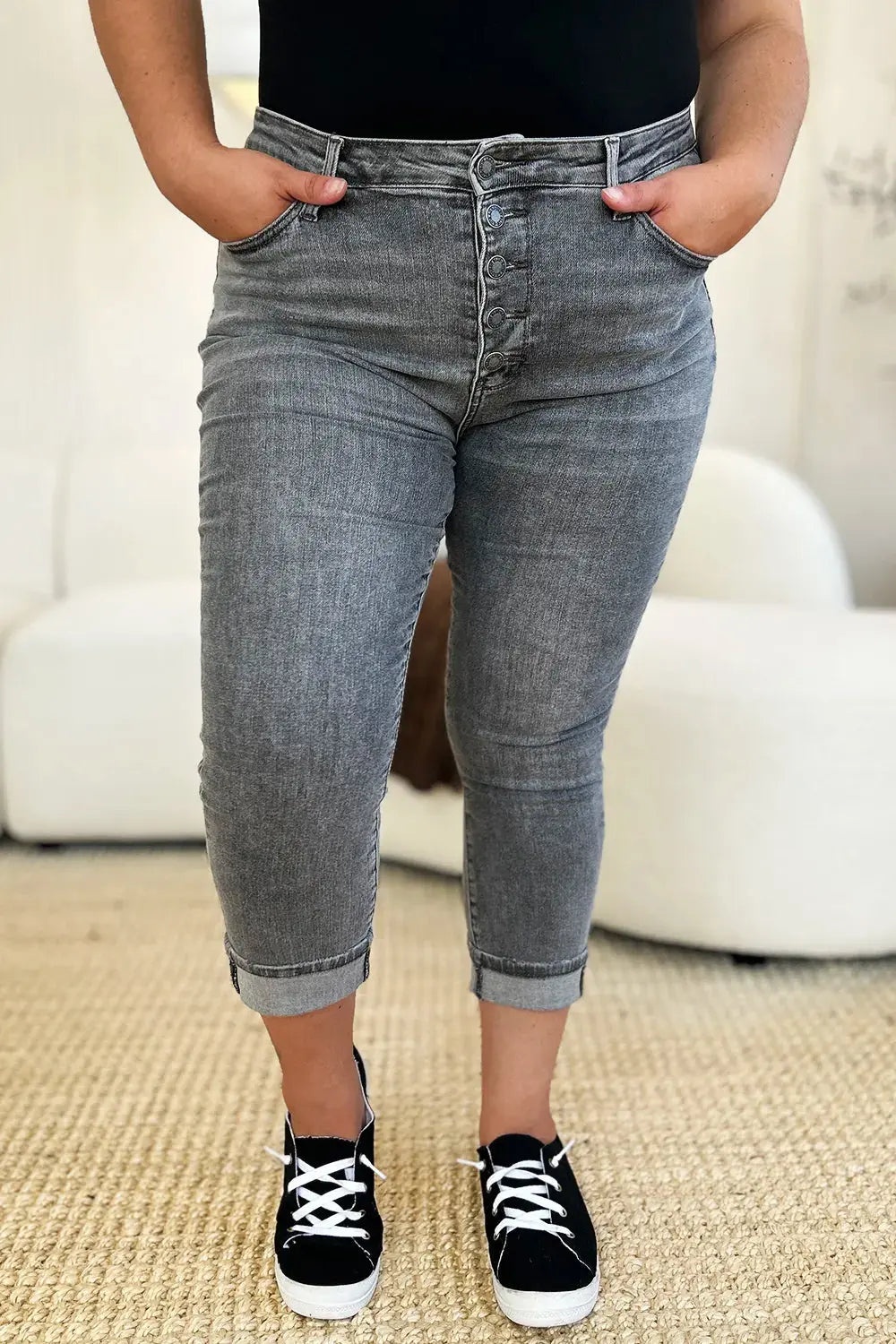 Judy Blue Jeans - Full Size Button Fly High Waist Cuffed Capris - Be Bliss Boutique