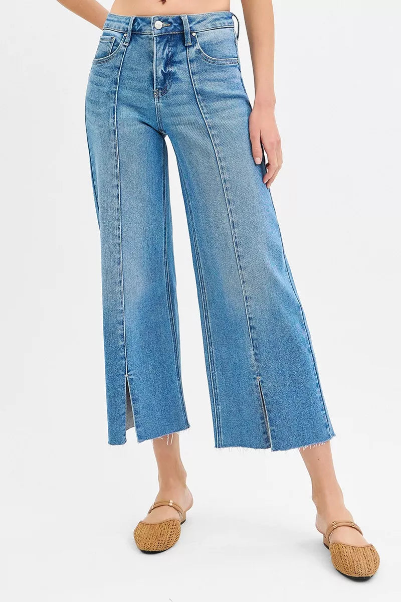 RISEN Tummy Control Mid Rise Crop Wide Front Slit Jeans - Be Bliss Boutique