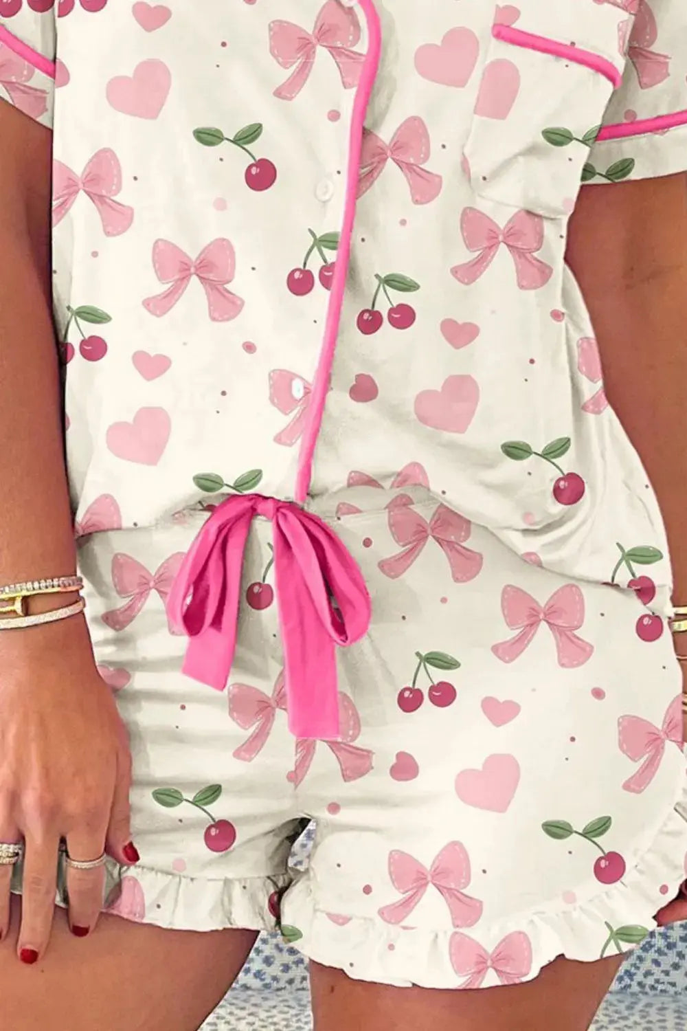 Cherry Bow Print Button Up Womens Loungewear Set - Be Bliss Boutique