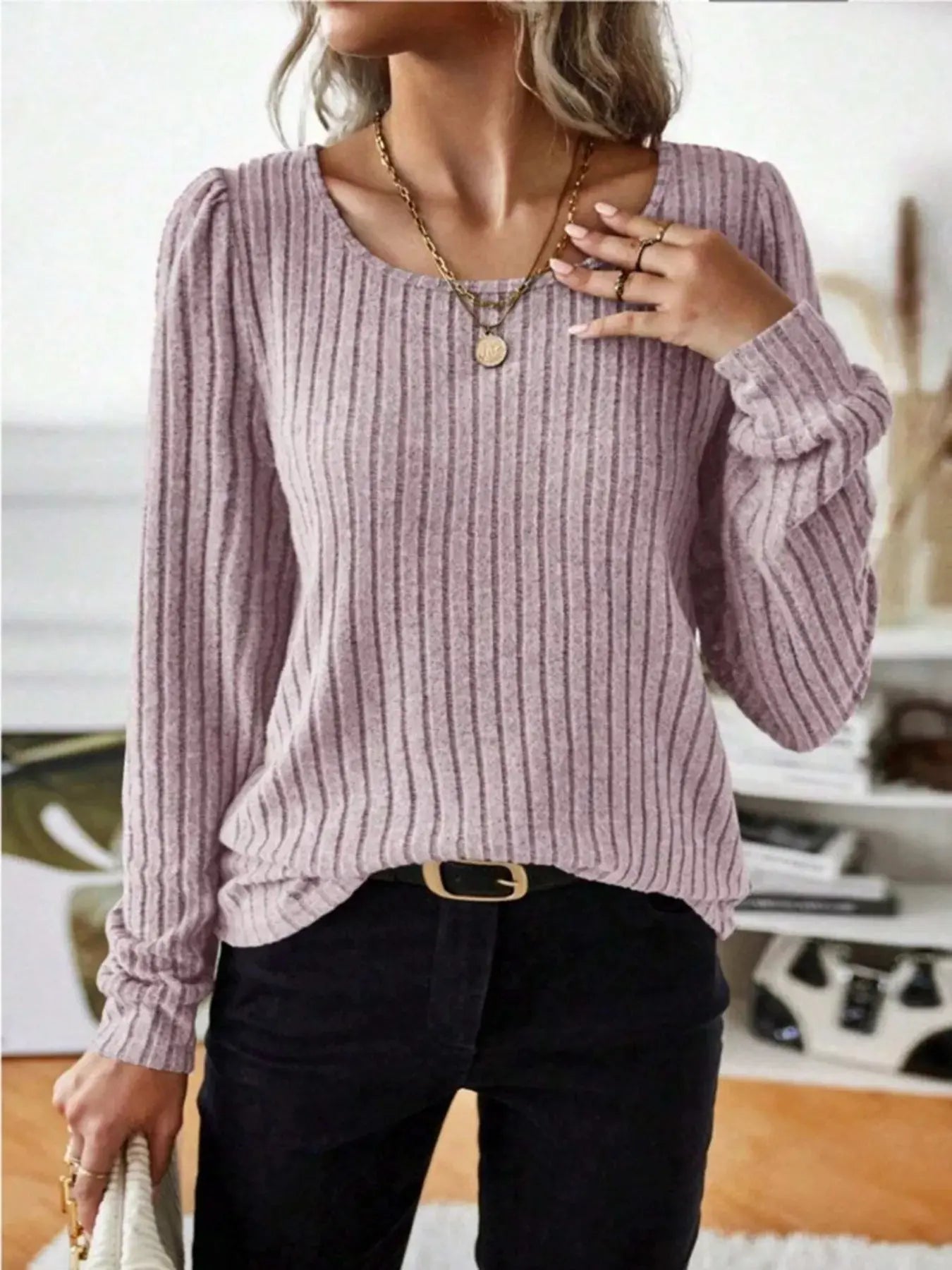 Ribbed Knit Long Sleeve T Shirt - Be Bliss Boutique