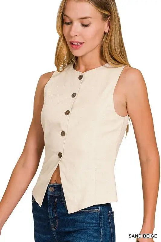 Zenana Beige Linen Button Down Vest - Be Bliss Boutique