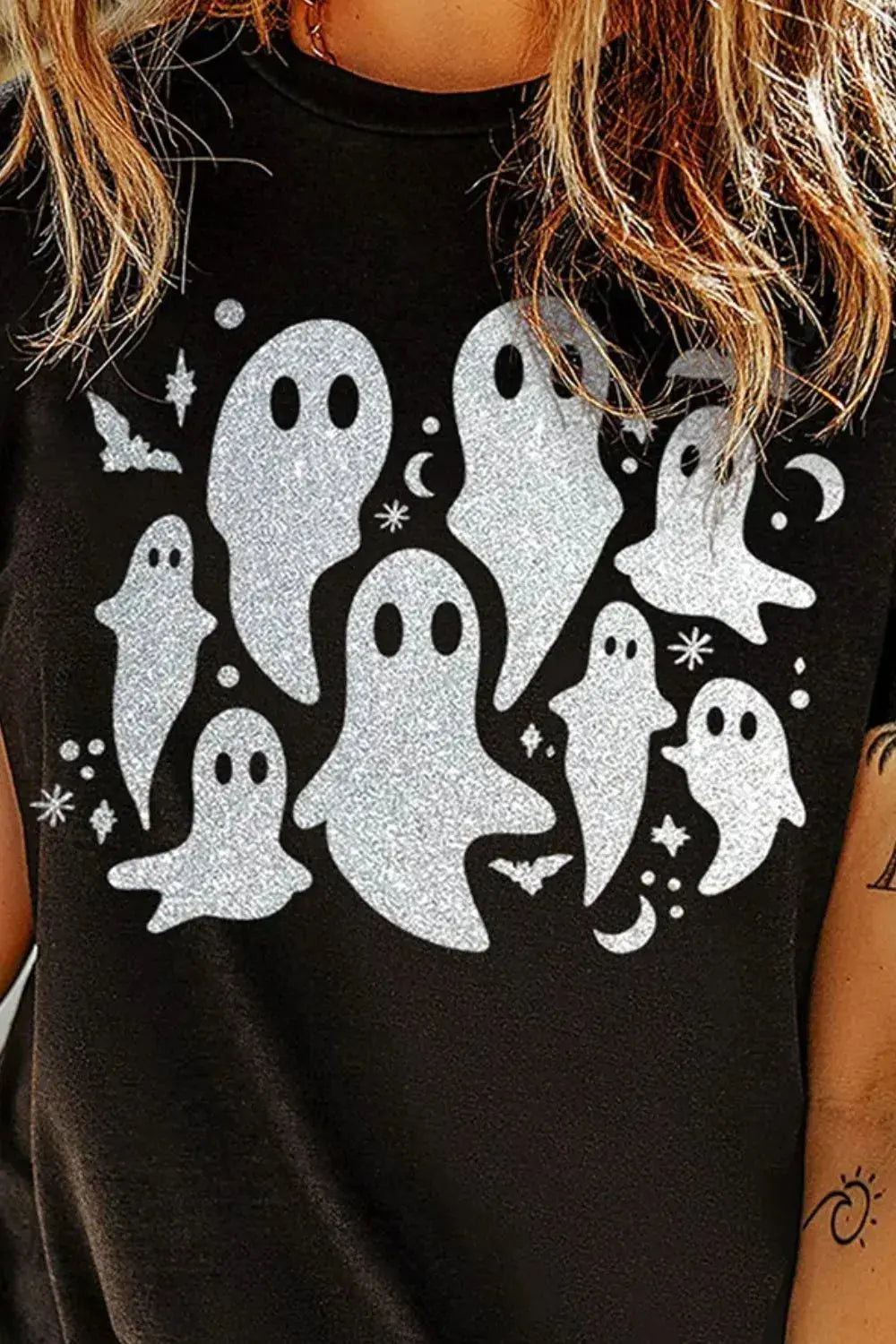 Plus Size Ghost Round Neck Short Sleeve Halloween Graphic T Shirt - Be Bliss Boutique