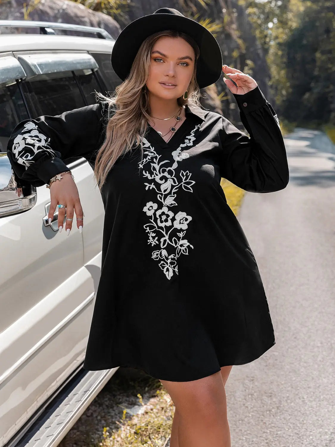 Plus Size Embroidered Long Sleeve Mini Dress - Be Bliss Boutique