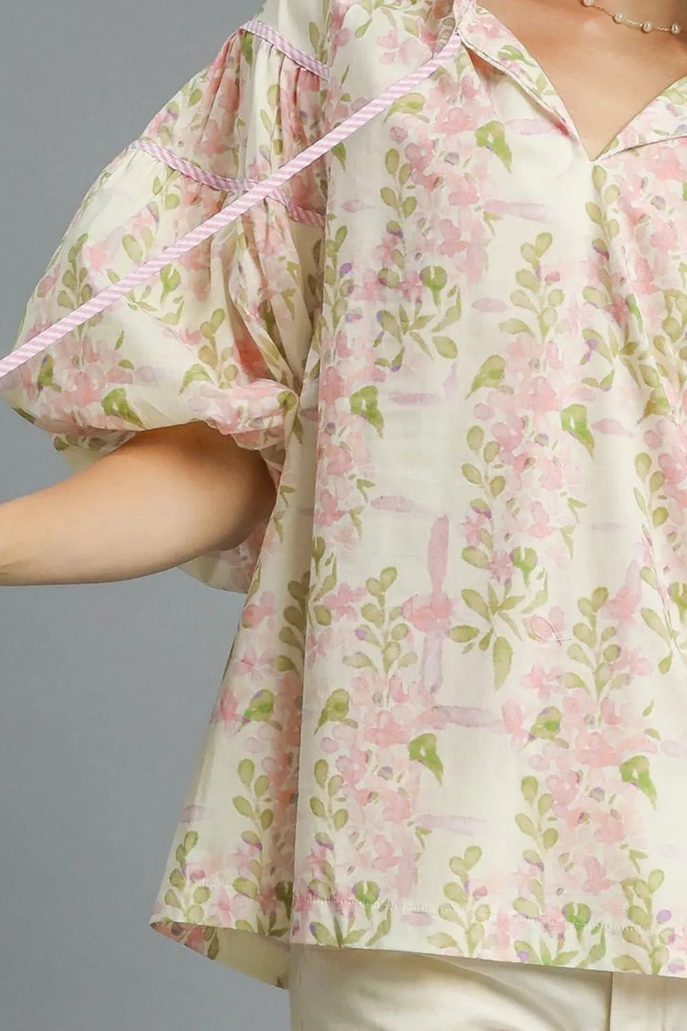 Umgee Floral Print Tie Neck Puff Sleeve Blouse - Be Bliss Boutique