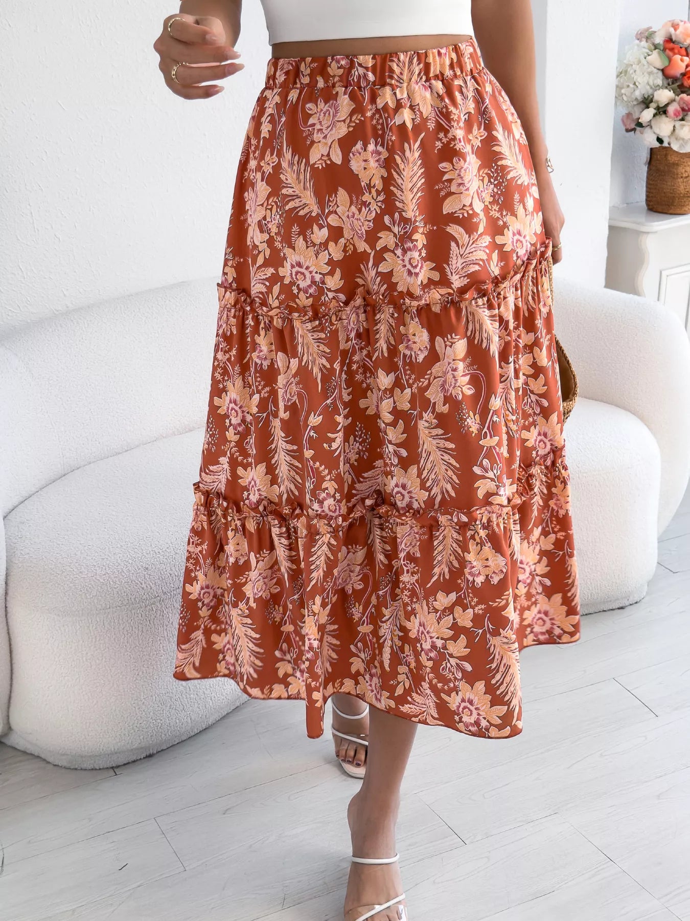 Floral Print Ruffle Hem Flowy Midi Skirt - Be Bliss Boutique