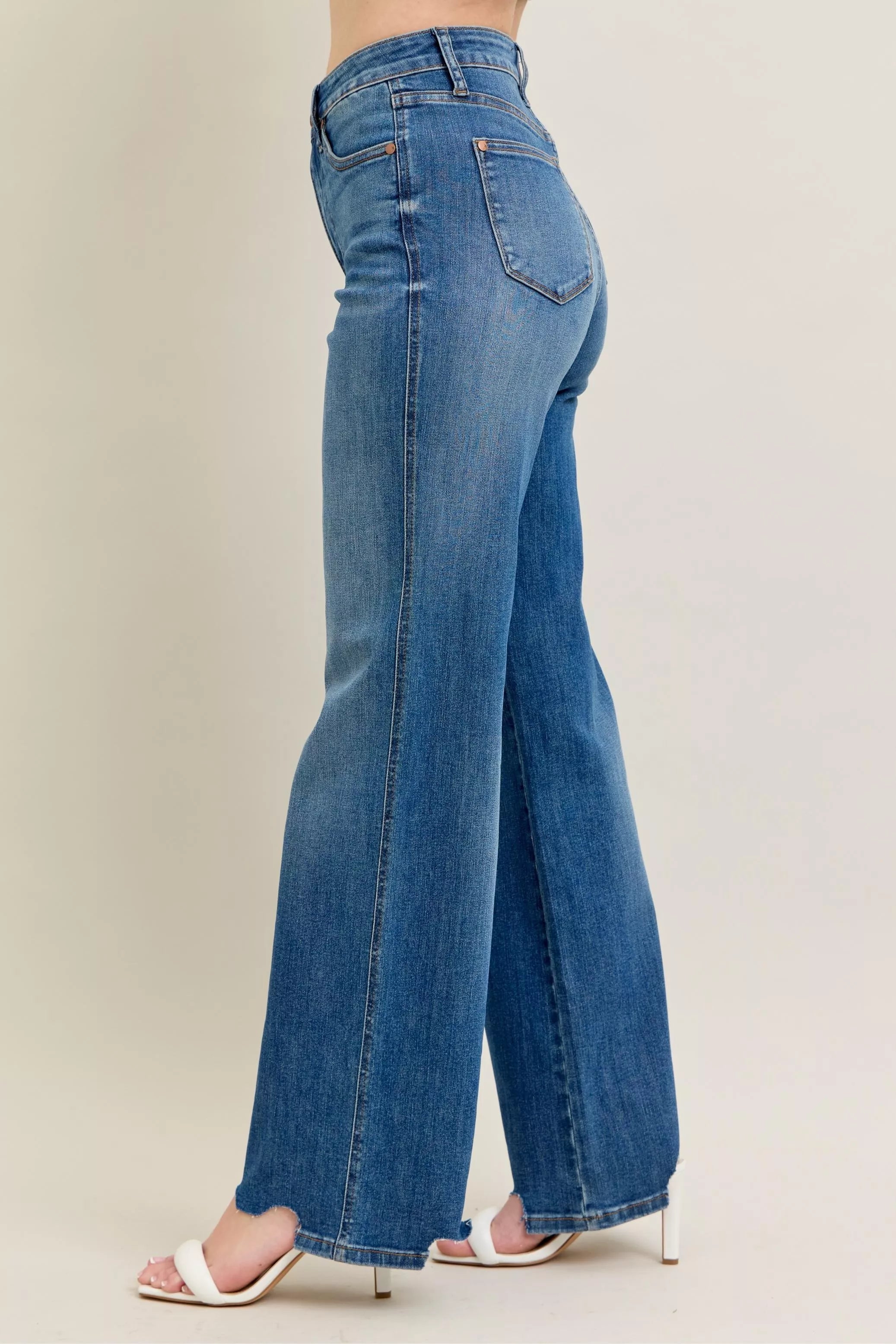 Judy Blue Full Size High Waist Tummy Control Chew Hem Destroy Wide Jeans Plus Size - Be Bliss Boutique