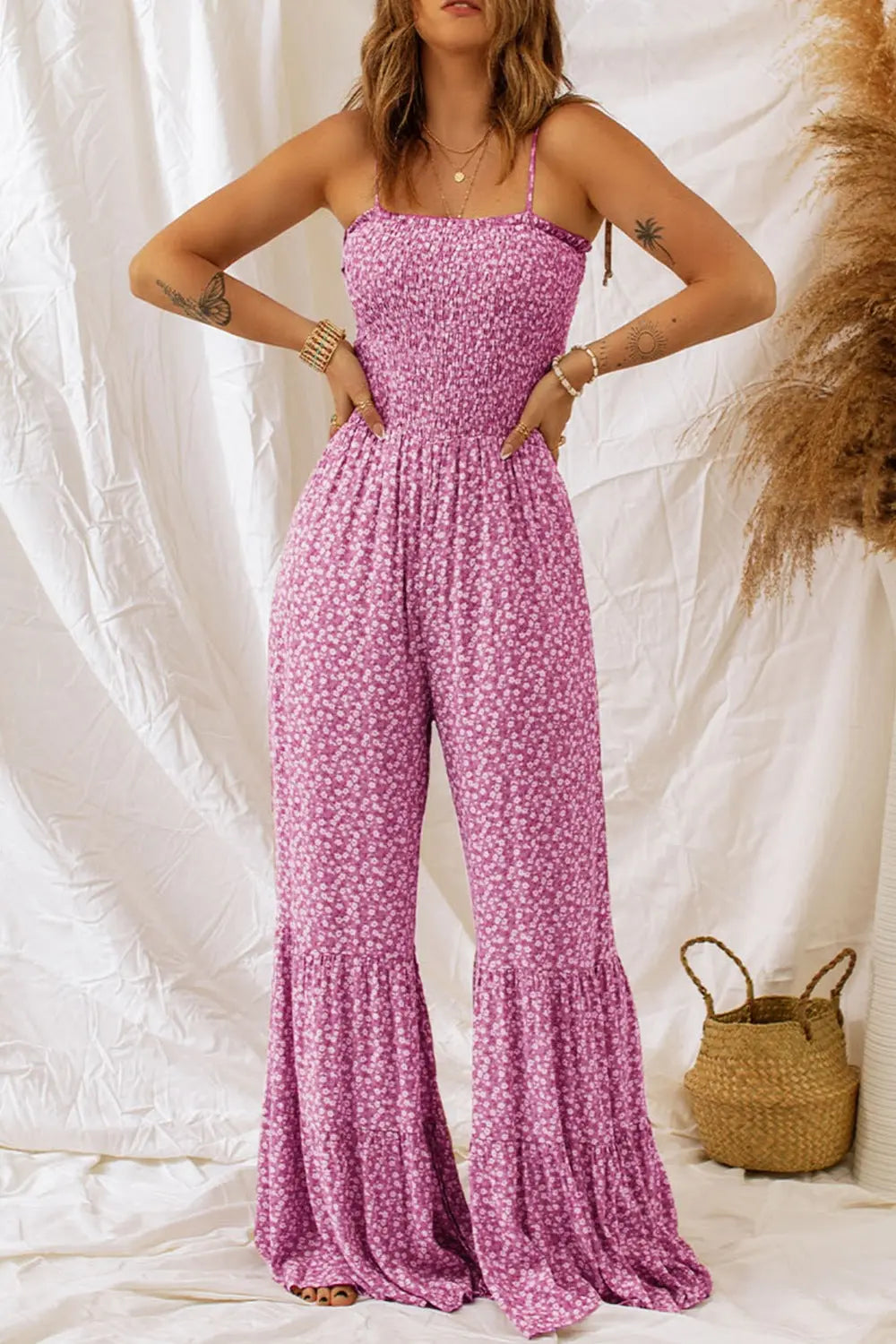 Smocked Printed Wide Strap Jumpsuit - Be Bliss Boutique