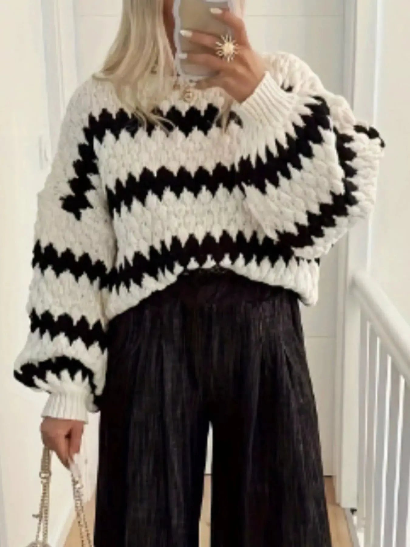 Striped Round Neck Dropped Shoulder Sweater - Be Bliss Boutique