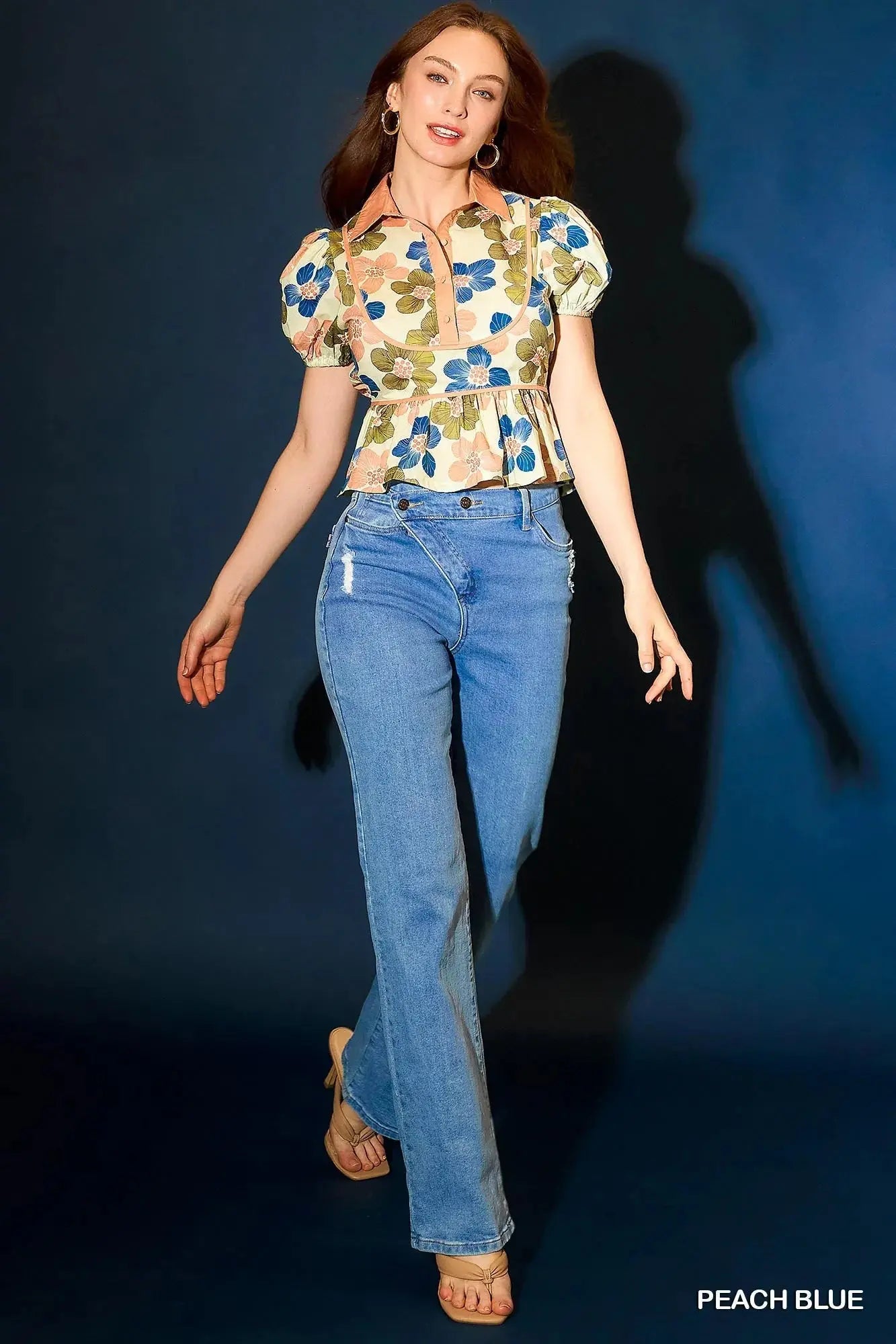 Umgee Floral Print Puff Sleeve Cropped Blouse - Be Bliss Boutique