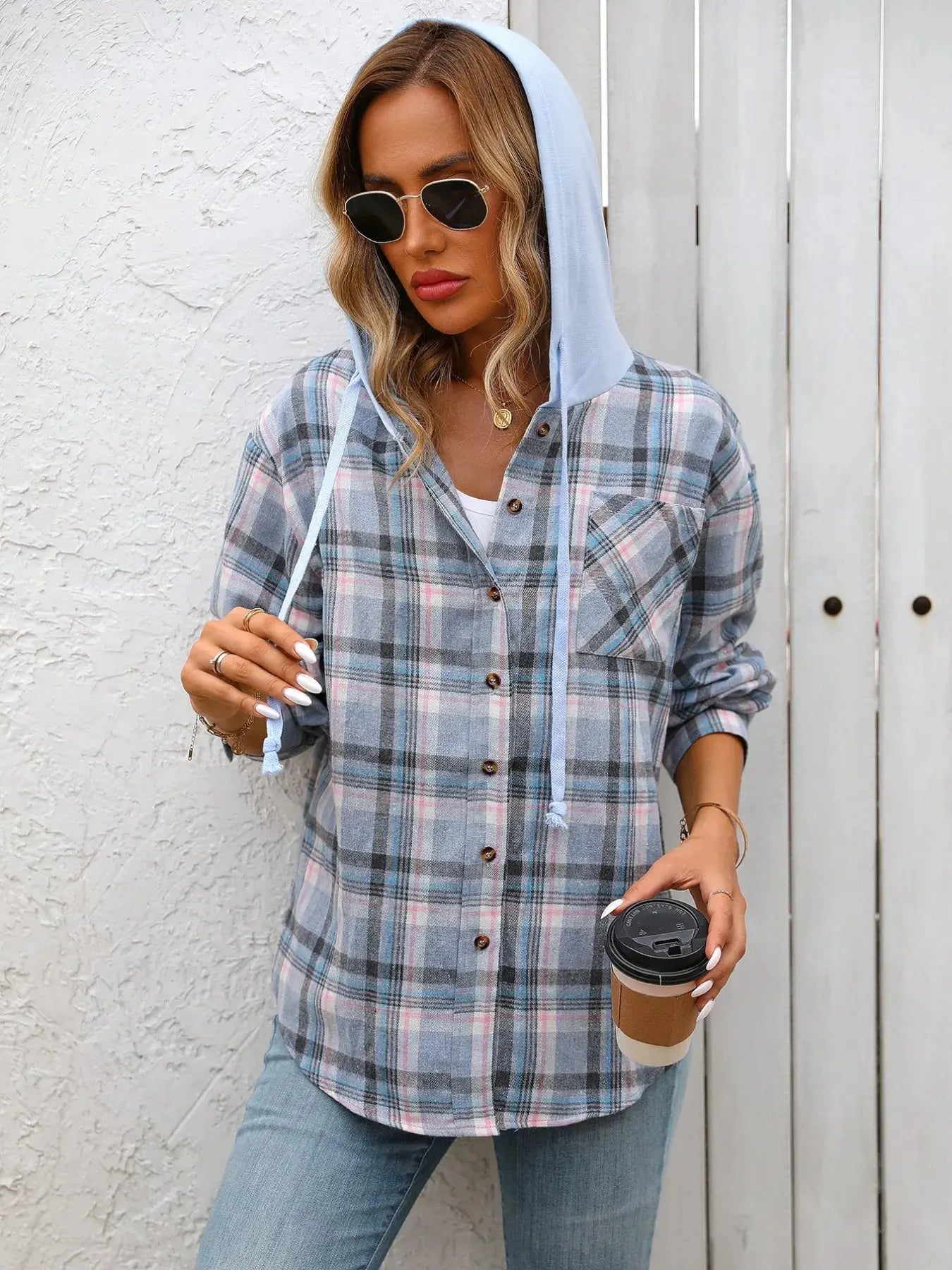 Plaid Button-Up Oversized Hooded Shirt with Chest Pocket - Be Bliss Boutique