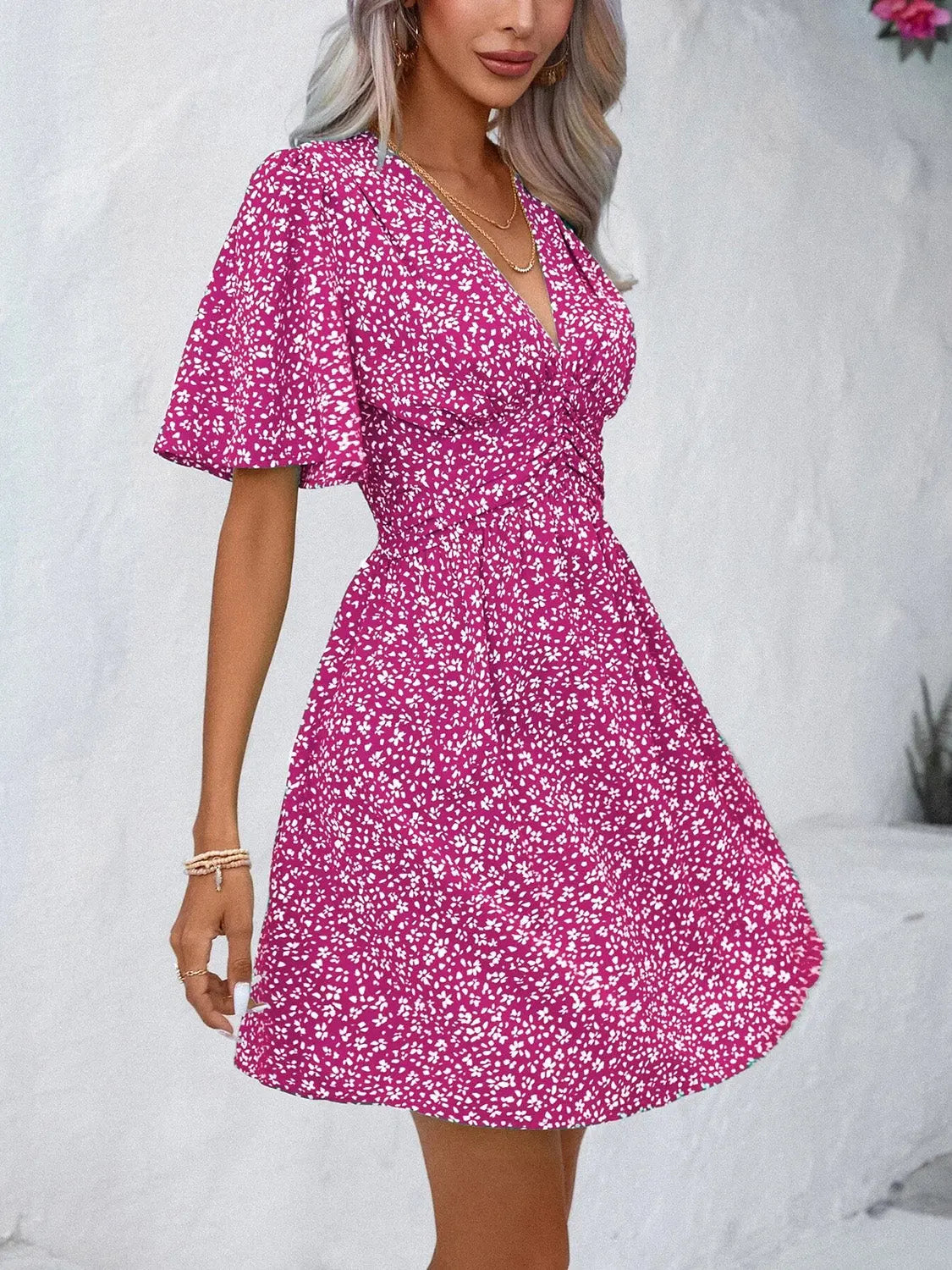 Printed V-Neck Half Sleeve Mini Dress - Be Bliss Boutique